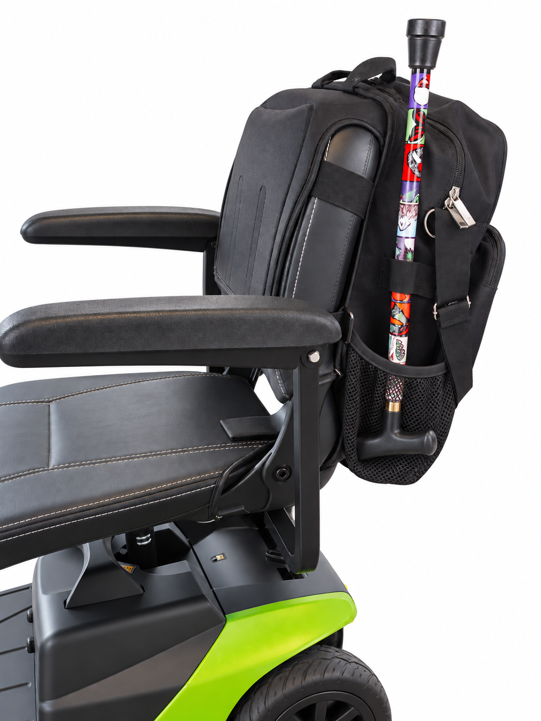 Mini-Scooter Backpack fitted to a travel mobility scooter with a walking stick in the holder