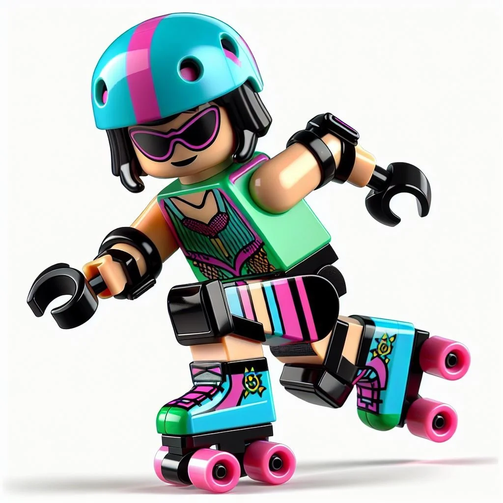 A colorful LEGO minifigure girl rollerblading with pink wheels, wearing a teal helmet with pink stripes, pink sunglasses, a green tank top, and black gloves.