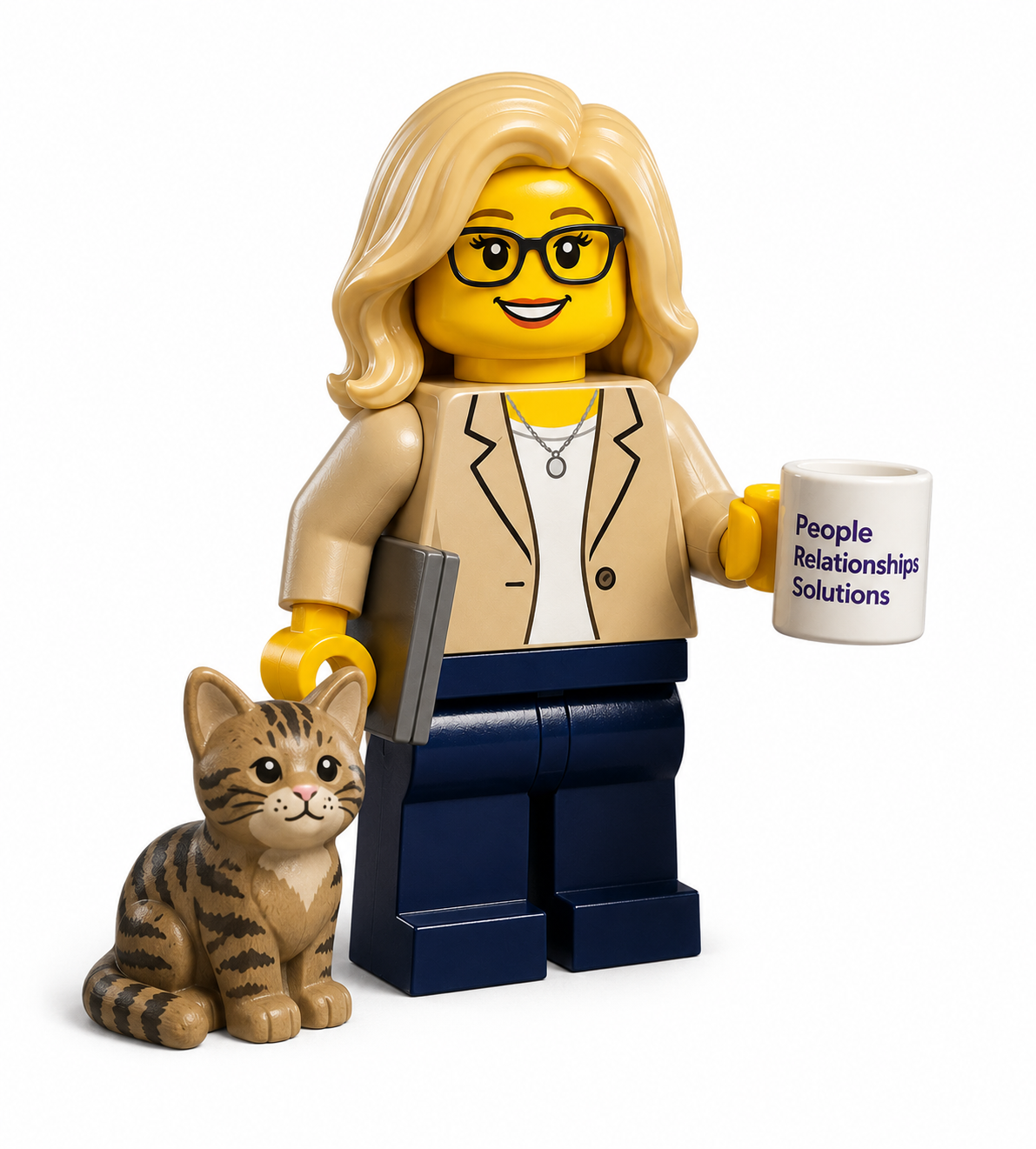 LEGO figurine of a woman with blonde hair, glasses, and business attire, holding a coffee mug that says 'People Relationships Solutions' and a folder, standing next to a small LEGO cat.