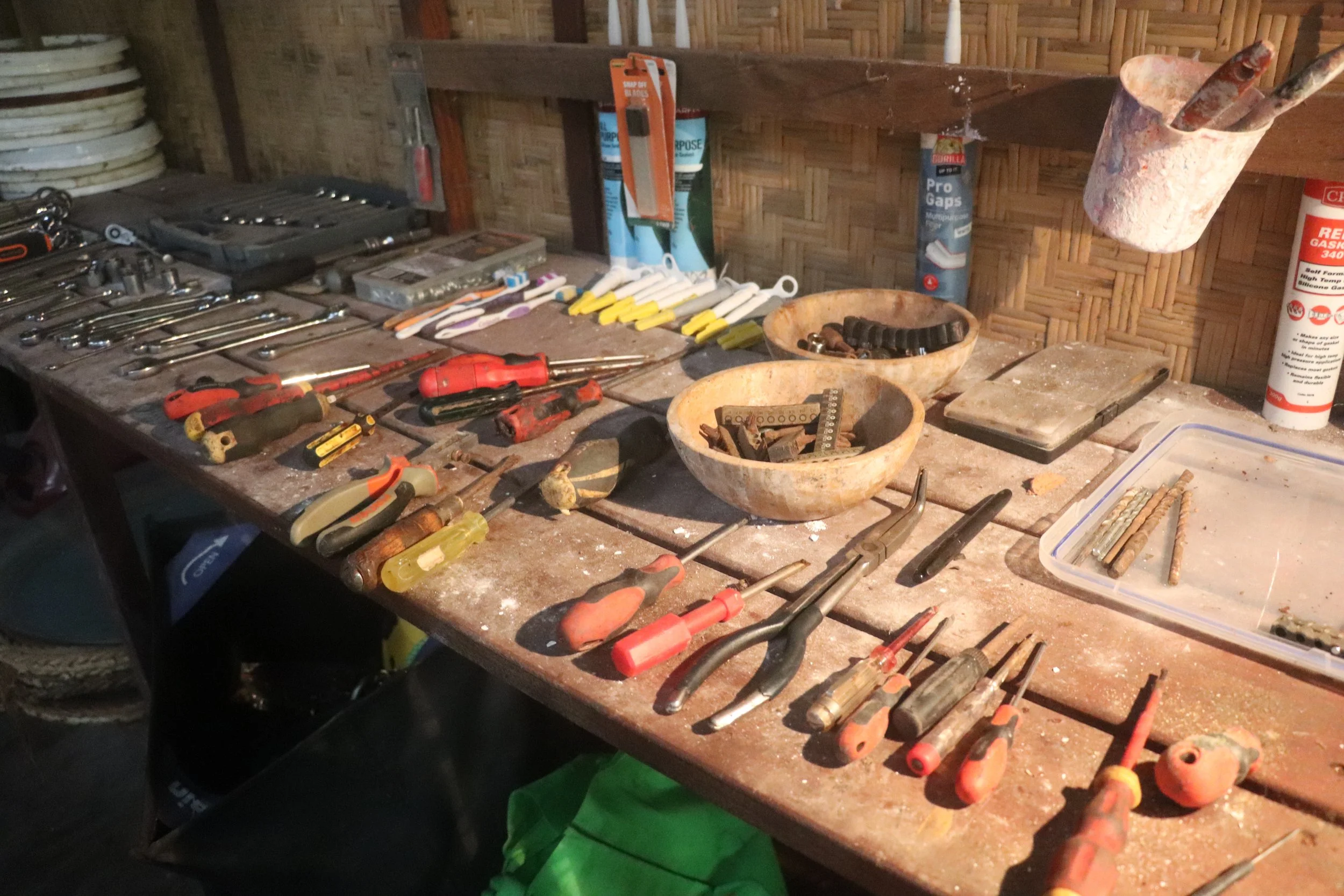 hand tools in off grid workshop ecovillage