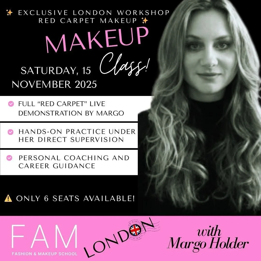 ✨ Step into the world of red carpets ✨
Join celebrity makeup artist Margo Holder in London on 15 November 2025 for an exclusive one-day training dedicated to mastering the art of red carpet makeup and hairstyling.
📍 Workshop highlights:
Full live de
