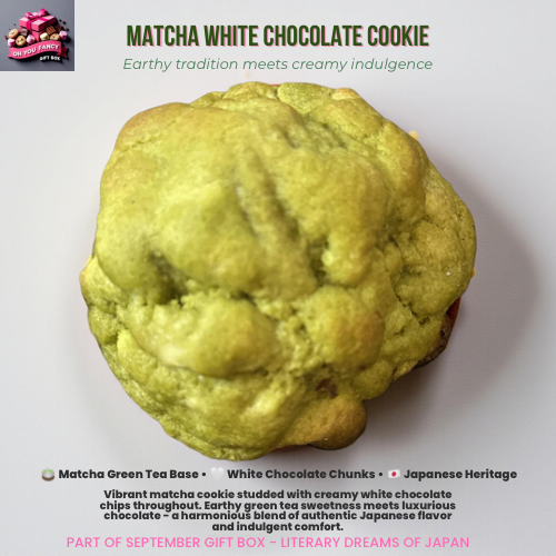 Vibrant green matcha white chocolate cookie with soft, textured surface showing white chocolate chunks throughout, representing authentic Japanese tea ceremony tradition