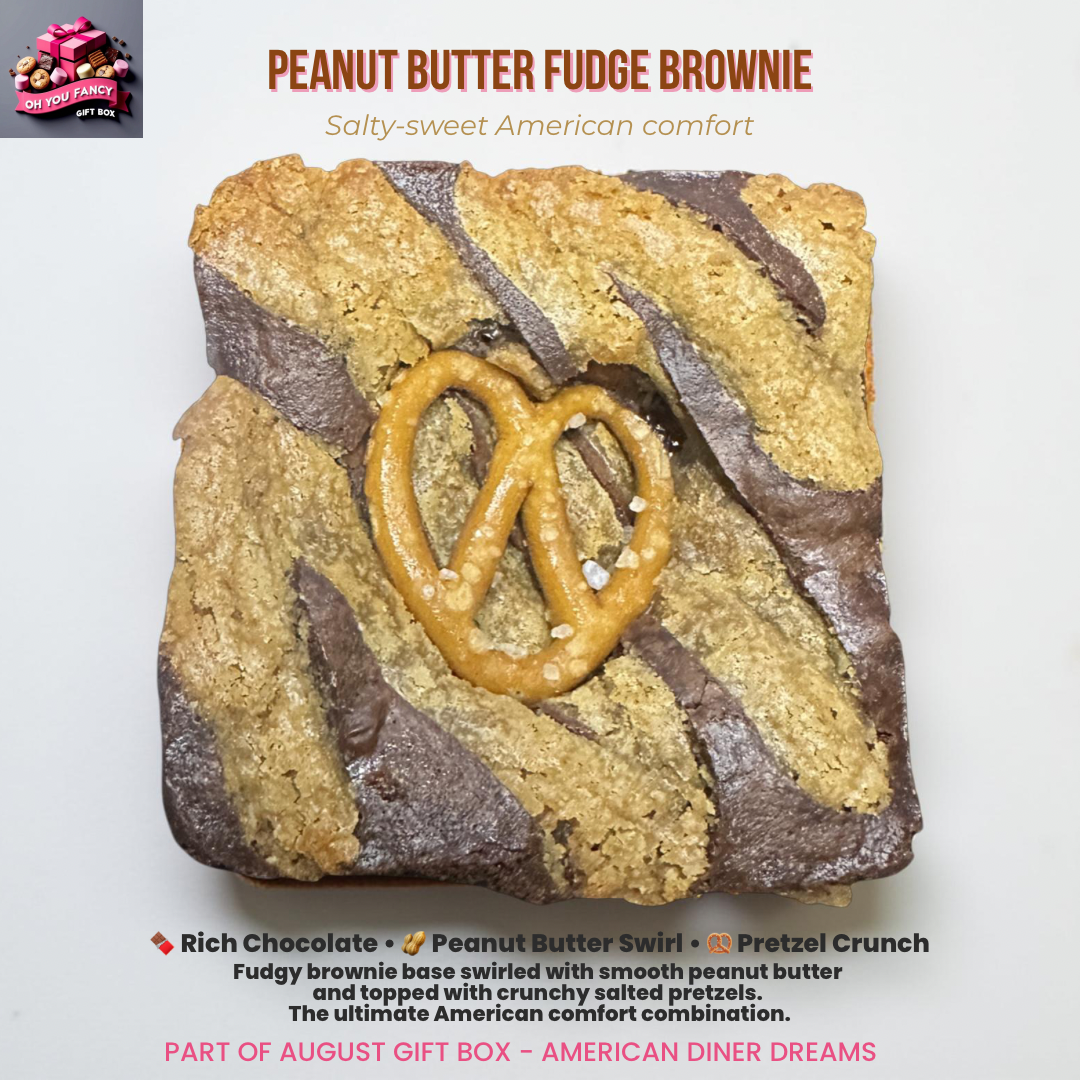 Thick peanut butter fudge brownie with chocolate base, peanut butter swirl pattern and salted pretzel pieces on top showing rich, fudgy texture