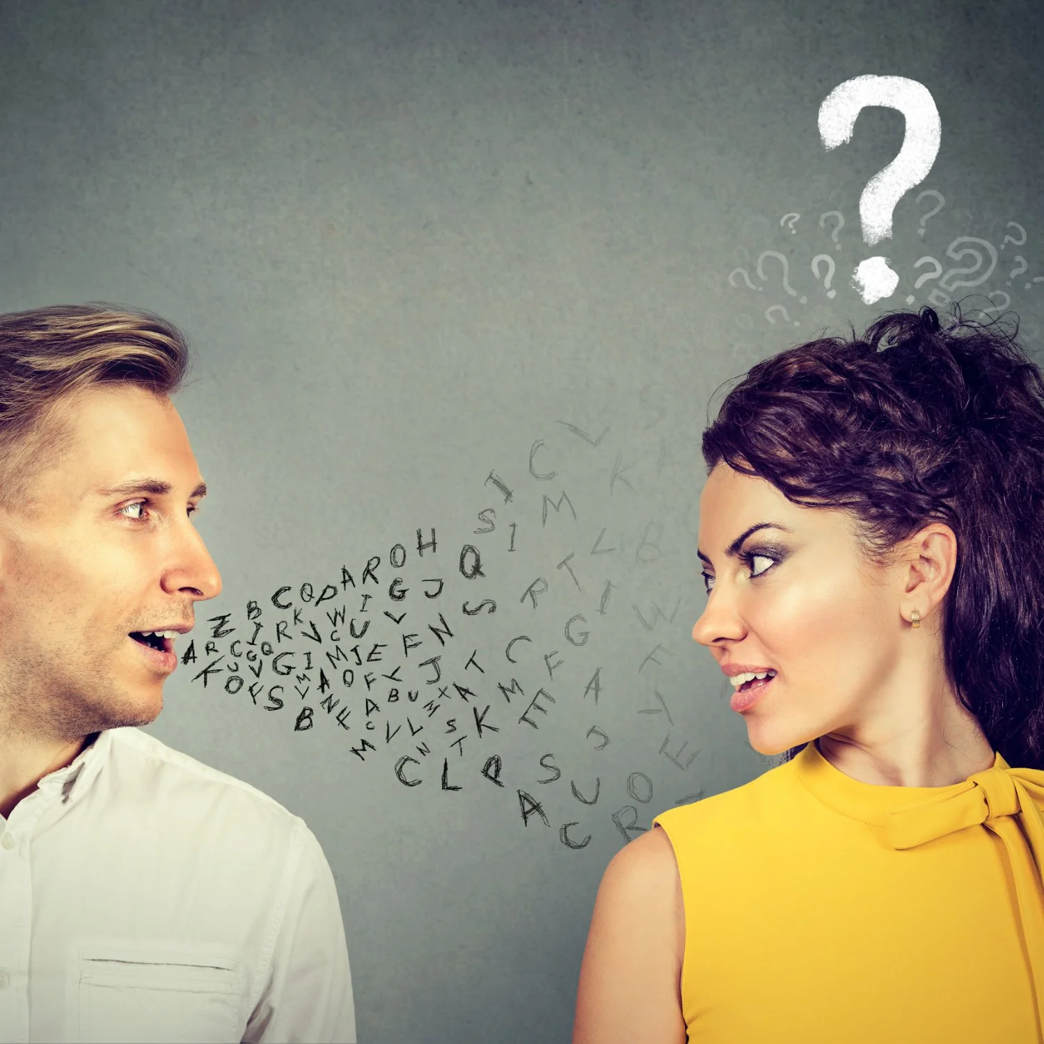 A man and a woman facing each other with letters and question marks between them, suggesting communication or confusion.