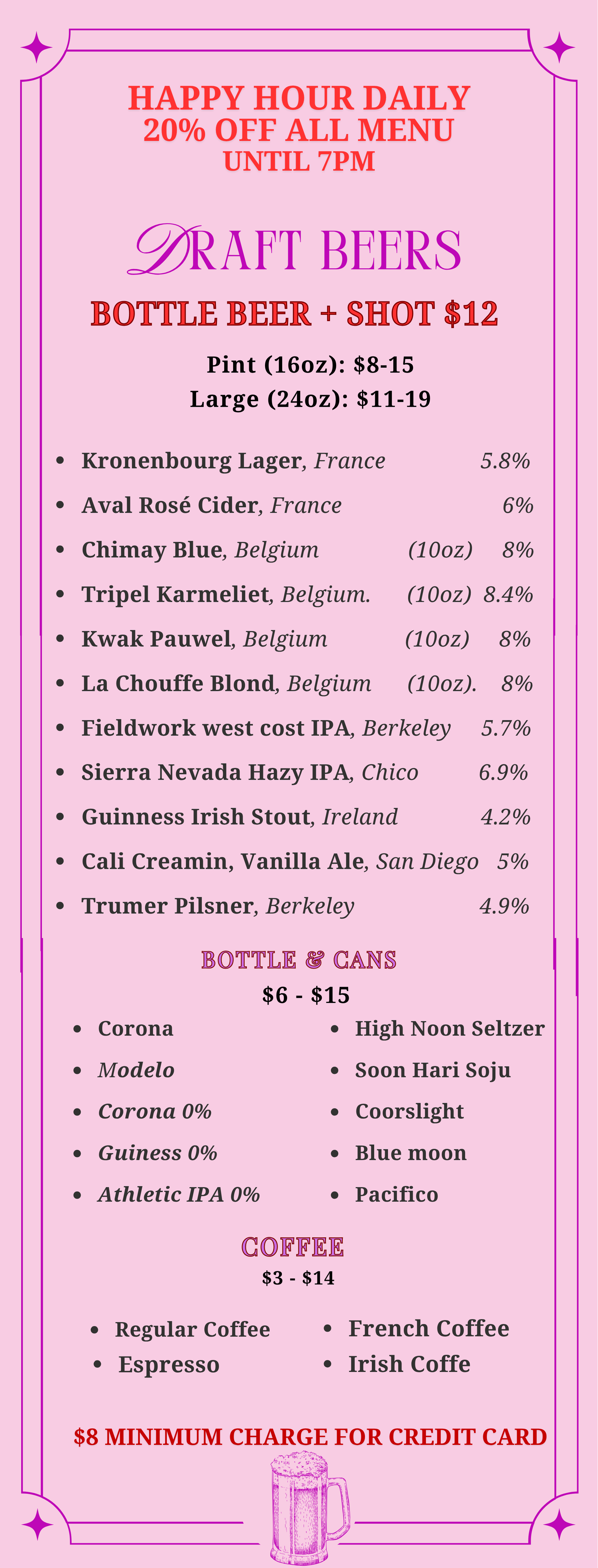 A pink-themed menu sign advertising daily happy hour with 20% off all menu items until 7 pm, featuring draft beers priced between $8 and $15, and a selection of bottled beers, cans, and coffees, with an $8 minimum charge for credit cards. The sign has decorative corner accents and a small illustration of a beer mug at the bottom.