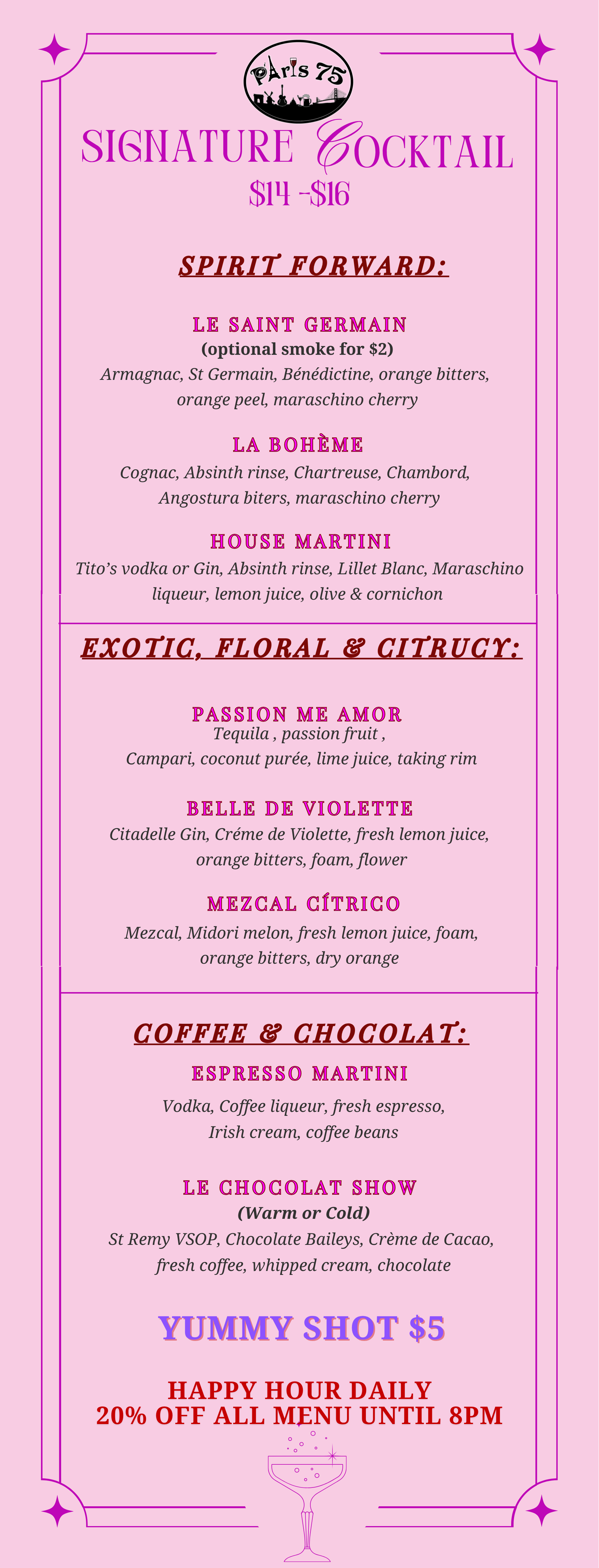 A pink cocktail and beverage menu from Paris 75, featuring signature cocktails, exotic drinks, floral, citrusy options, coffee, and chocolate drinks, with prices ranging from $14 to $16, including descriptions of ingredients and optional smoke for some cocktails, and a mention of happy hour with a 20% discount until 8 PM.