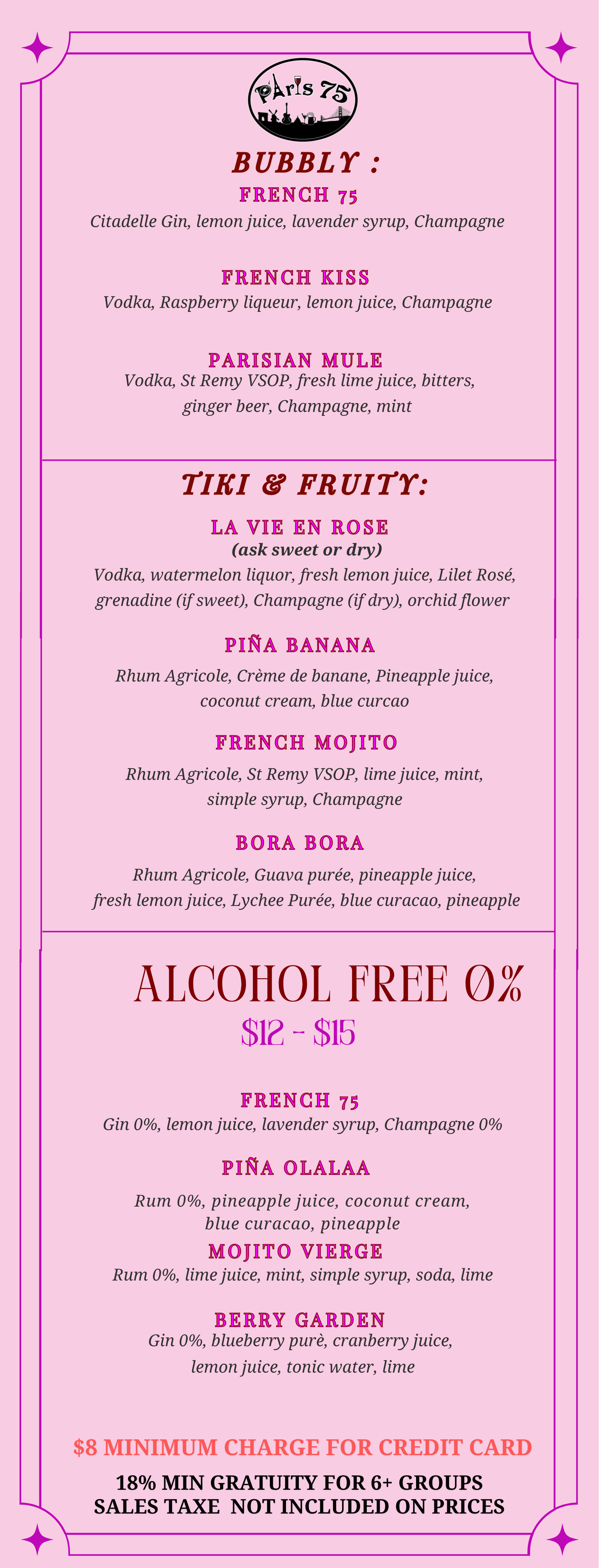 Menu featuring cocktails with sections for 'Bubbly: French 75, French Kiss, Parisian Mule' and 'Tiki & Fruity: La Vie en Rose, Piña Banana, French Mojito, Bora Bora.' Also lists alcohol-free options, prices, and additional charges.