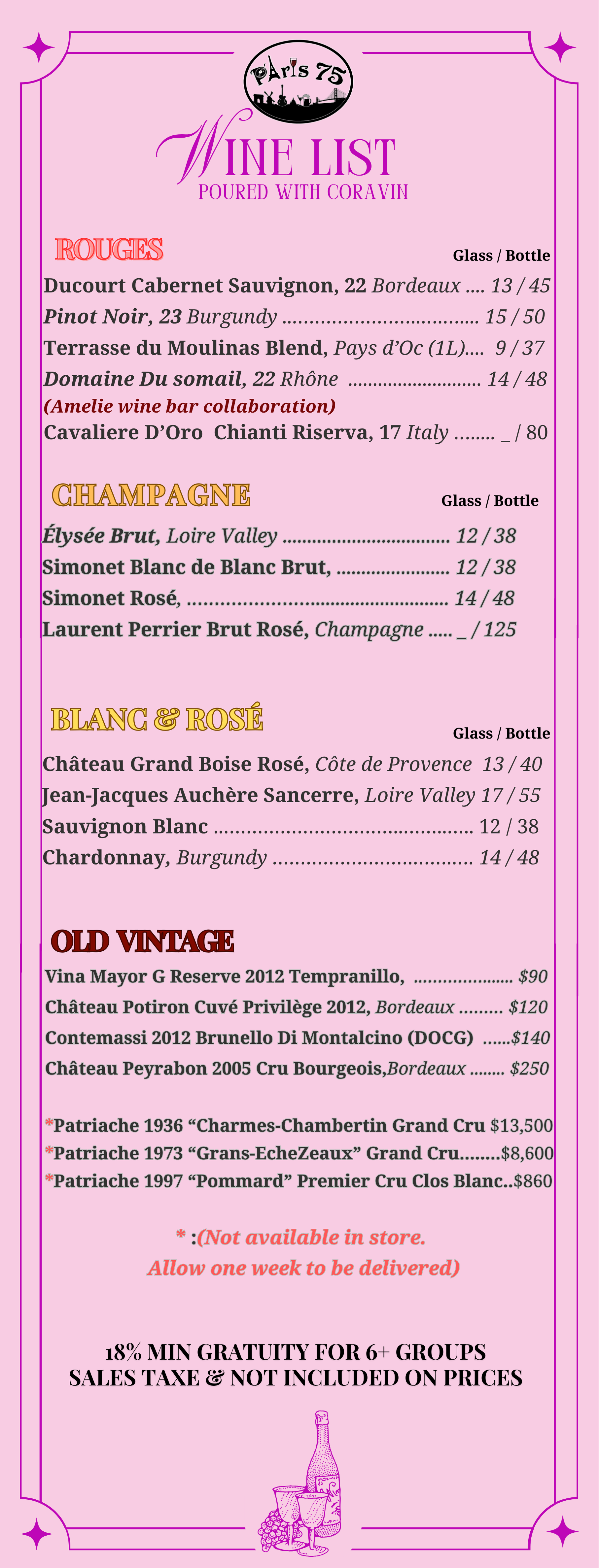 Pink wine and champagne list titled "Pooured with Coravin" at Paris 75, featuring sections for Rouge, Champagne, Blanc & Rosé, and Old Vintage wines, with prices and descriptions.
