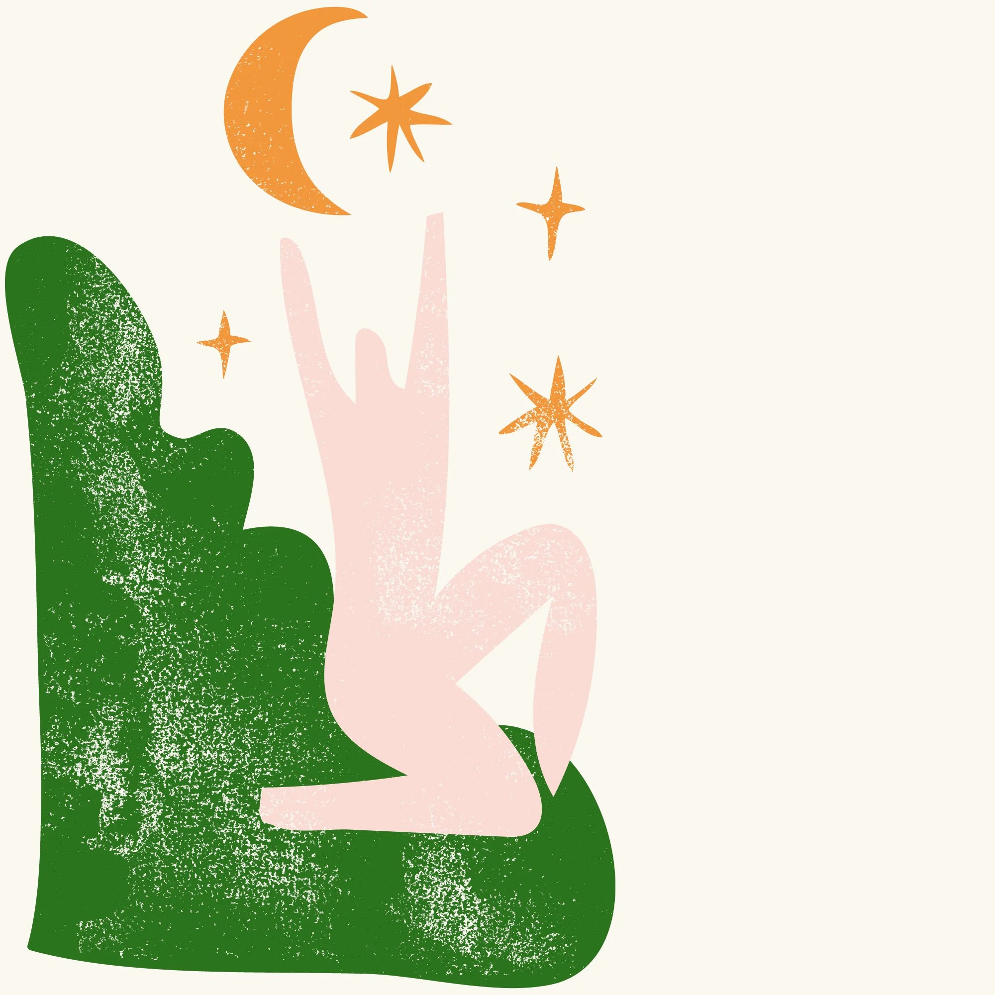 Abstracte illustratie van een vrouw in een hoek met groene planten, met een maan en sterren aan de hemel, in pastelkleuren.