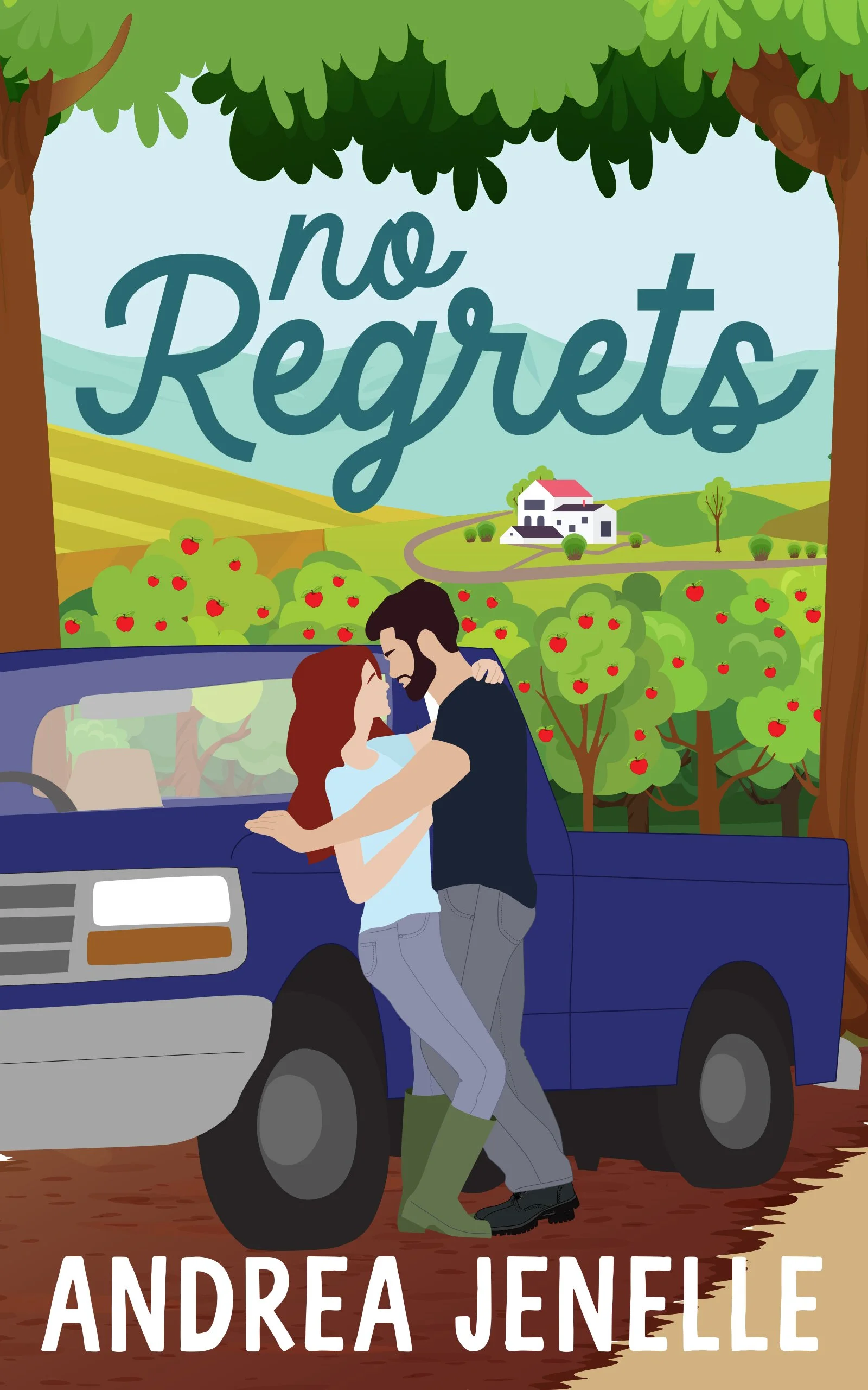 A man and woman embrace in front of a blue truck in a scenic apple orchard with a house and hills in the background, along with the title 'No Regrets' and the author's name 'Andrea Janelle'.