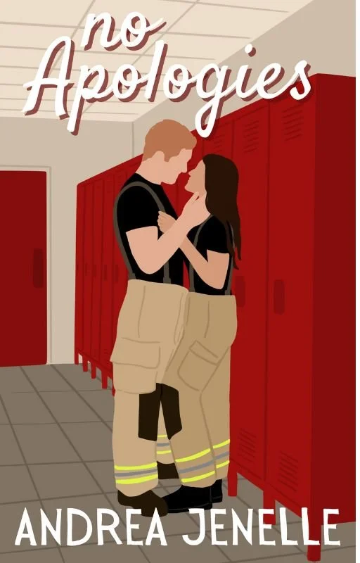 An illustration of a couple in a school hallway leaning against red lockers, holding each other close with the words 'no apologies' and the author's name Andrea Jenelle.