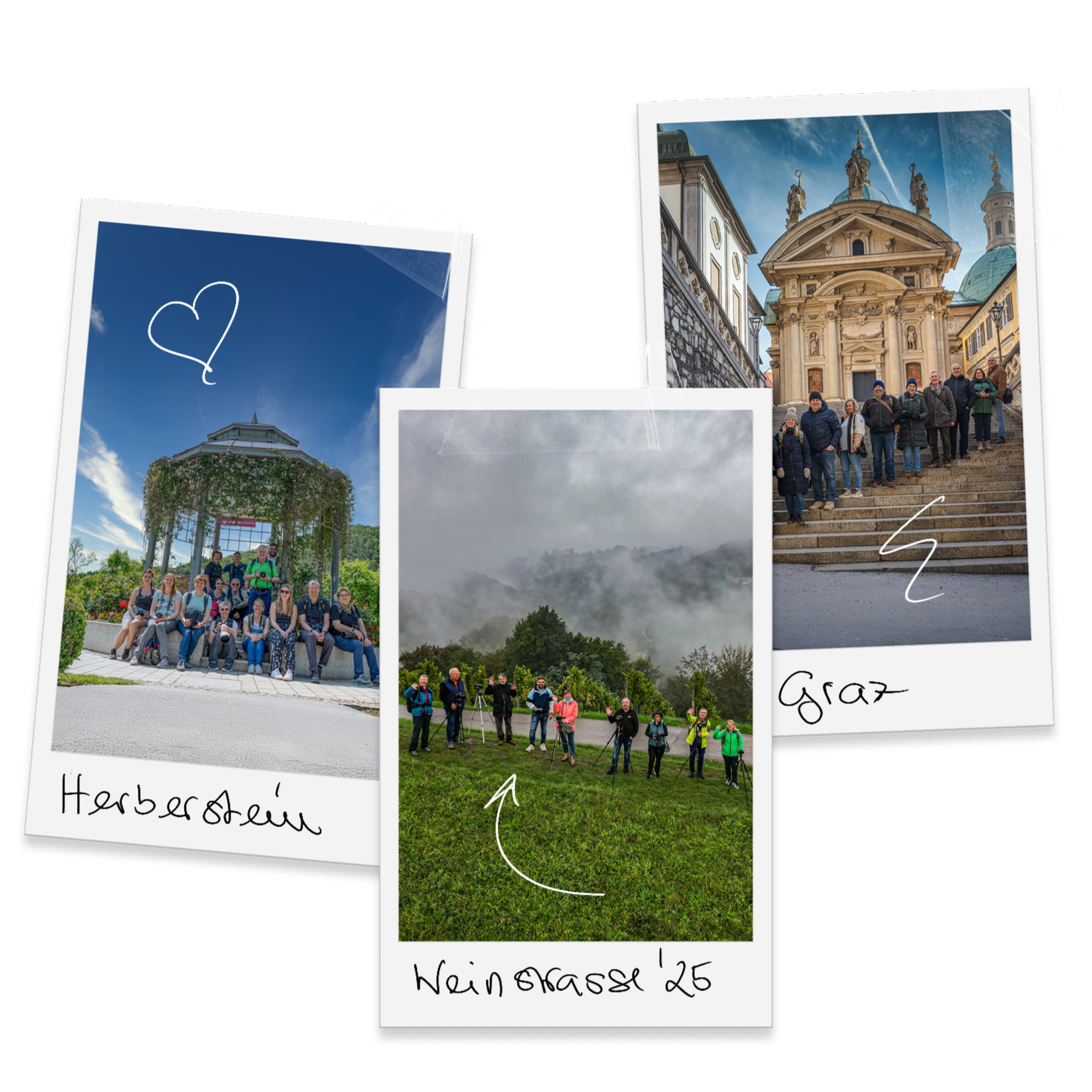 Fotocollage von drei Bildern mit handgeschriebenen Bezeichnungen. Das erste Bild zeigt eine Gruppe von Menschen, die auf einer Bank in einem Garten sitzen, mit dem Wort "Herbststein". Das zweite Bild zeigt eine neblige Berglandschaft mit mehreren Personen, die fotografieren, und ist mit "Weintraube 25" beschriftet. Das dritte Bild zeigt eine Gruppe auf den Stufen einer historischen Kirche mit barocker Architektur, bezeichnet mit "Graz".