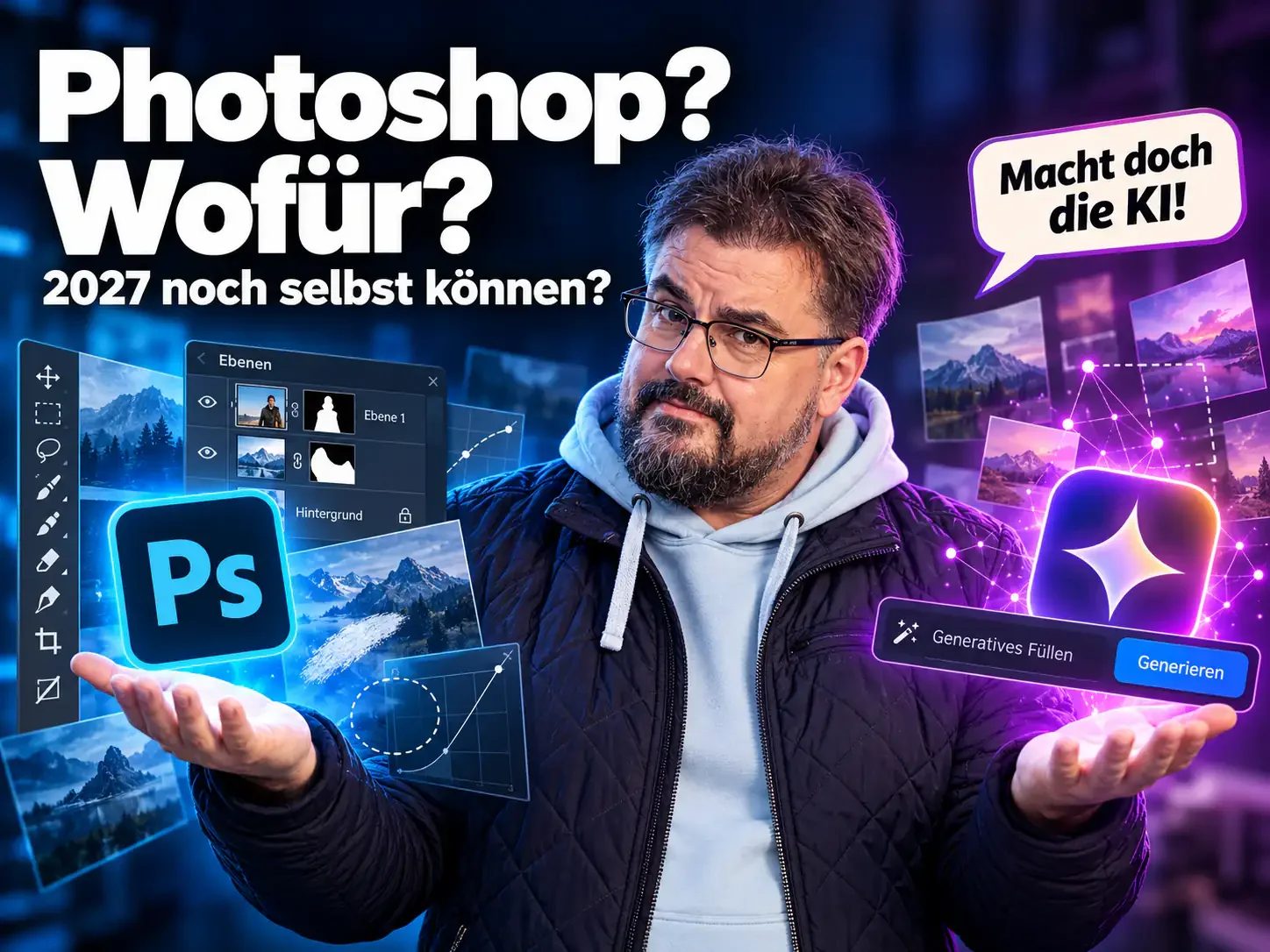 Mann mit Brille vor Photoshop-Oberflächen und KI-Bildbearbeitung, mit dem Text „Photoshop? Wofür? 2027 noch selbst können?“