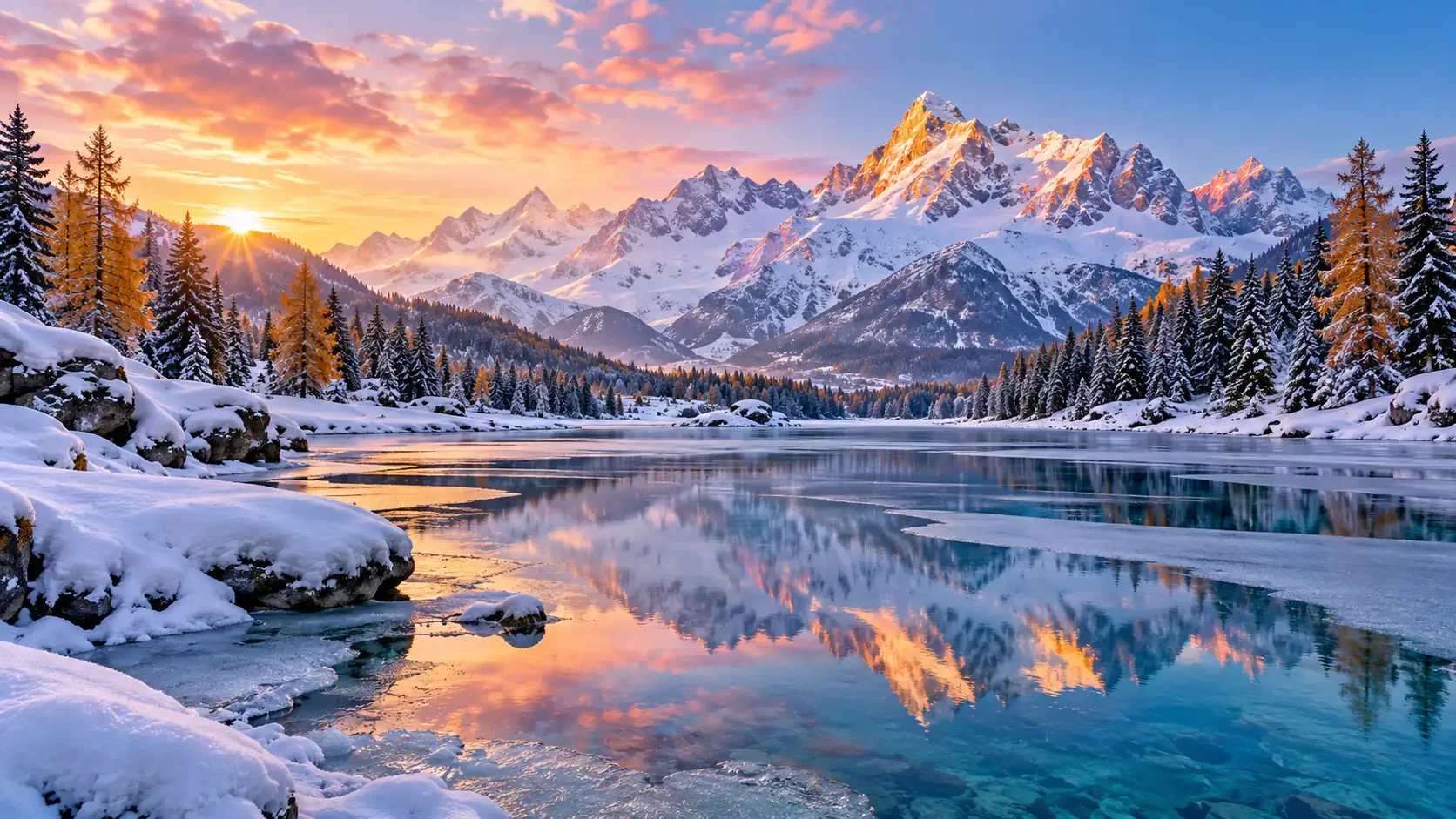 Verschneiter Bergsee bei Sonnenaufgang mit schneebedeckten Alpen und herbstlichen Nadelwäldern