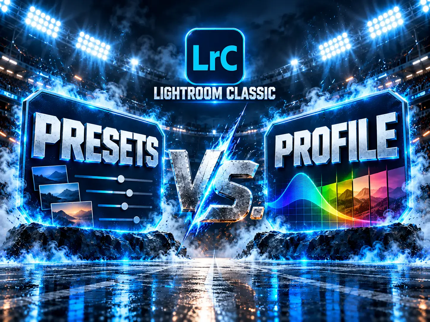 Dramatische Grafik zu Adobe Lightroom Classic mit Gegenüberstellung von Presets und Profilen in einer beleuchteten Sportarena