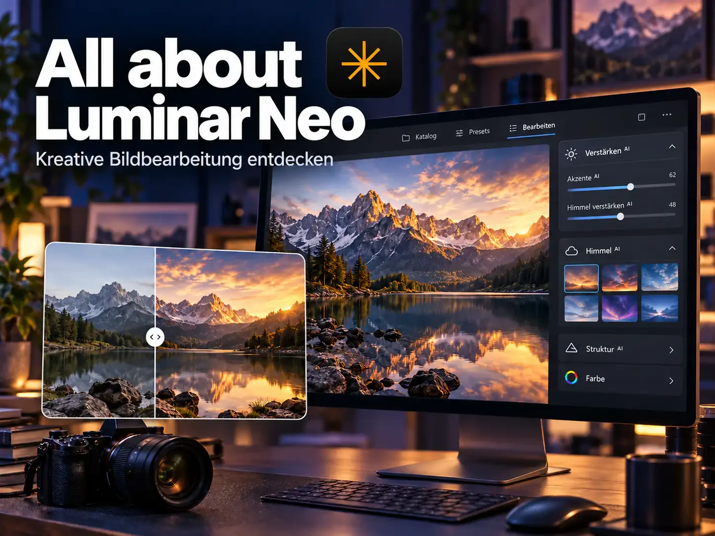 Werbung für Luminar Neo mit Monitor zur KI-Bildbearbeitung eines Bergsees, Vorher-Nachher-Vergleich und Kamera auf dem Schreibtisch