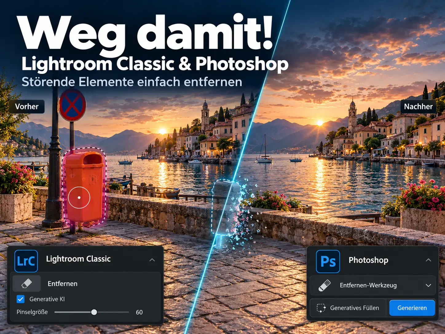 Vorher-nachher-Vergleich zur Entfernung störender Elemente in Lightroom Classic und Photoshop an einer Seepromenade bei Sonnenuntergang