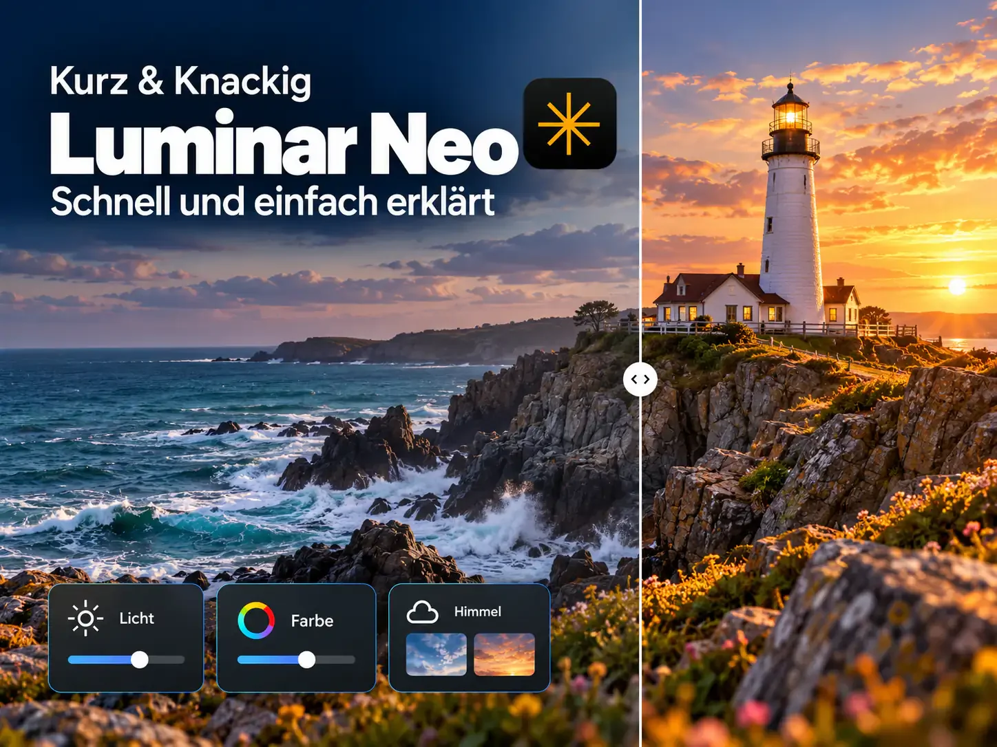Vorher-Nachher-Vergleich eines Leuchtturms an einer felsigen Küste bei Sonnenuntergang mit Luminar-Neo-Bearbeitungsreglern für Licht, Farbe und Himmel.
