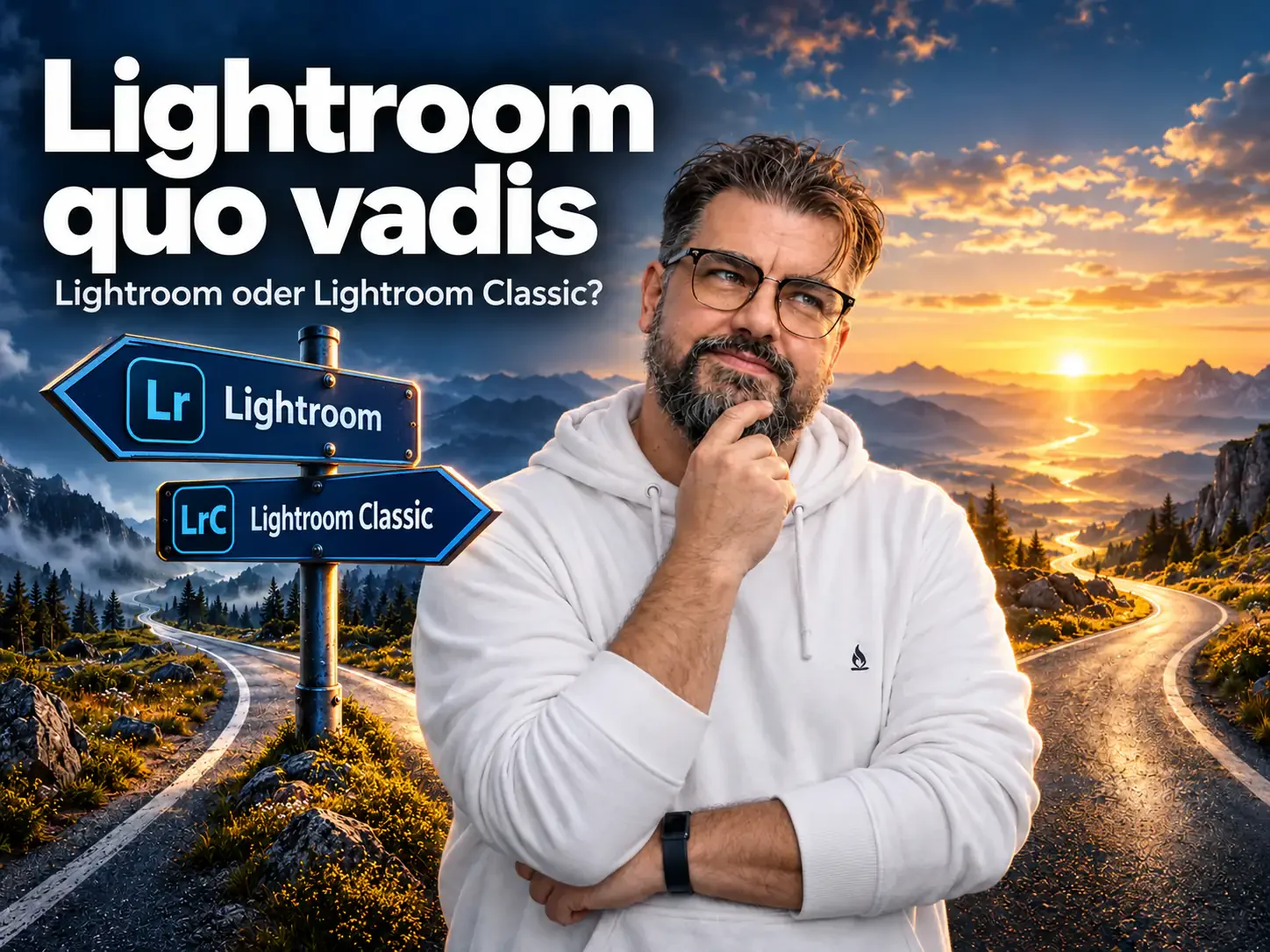 Mann vor Berglandschaft mit Wegweisern für Adobe Lightroom und Lightroom Classic; Text „Lightroom quo vadis“