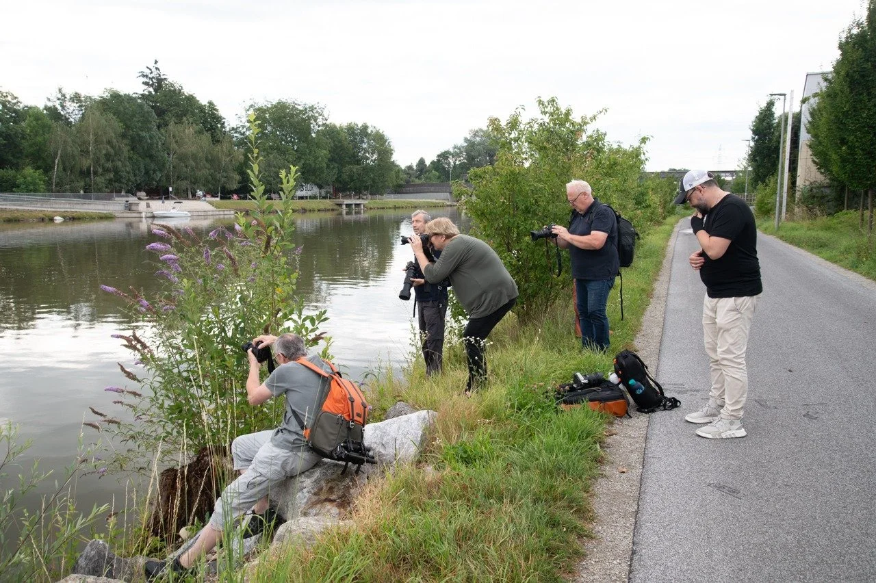 Fünf Fotografen fotografieren am Flussufer, einer sitzt auf einem Felsen, die anderen stehen und knien. Sie haben Kameras und Fotografieausrüstung dabei, die Umgebung ist grün mit Bäumen und Wasser.