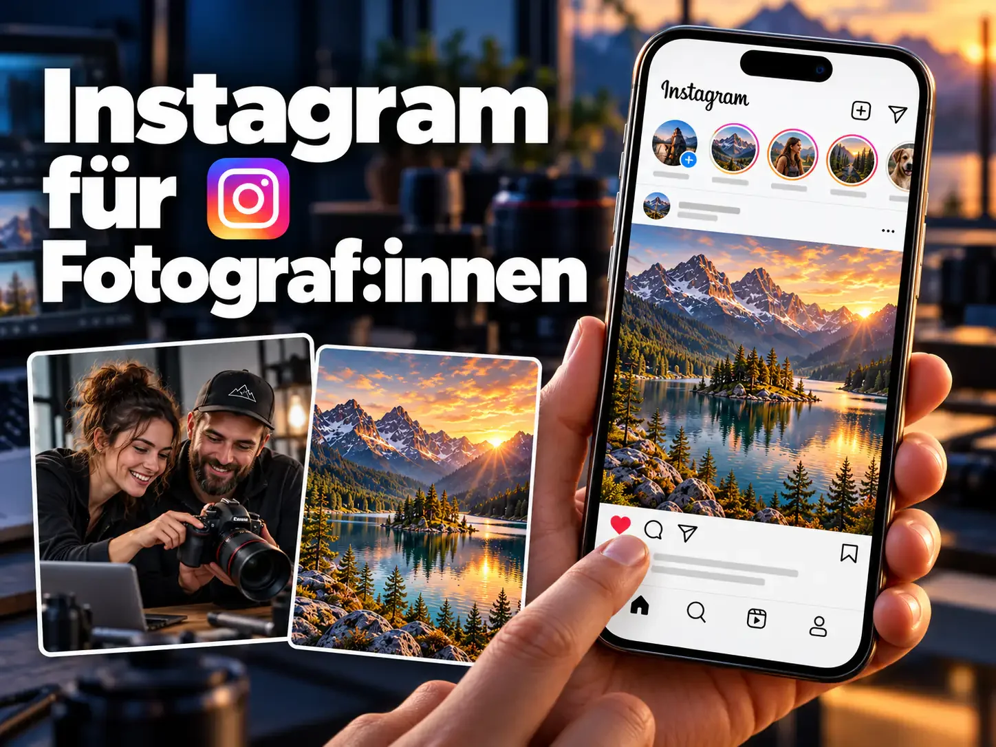 Instagram-Werbung für Fotografinnen mit Smartphone, Bergsee-Fotografie und fotografierendem Paar