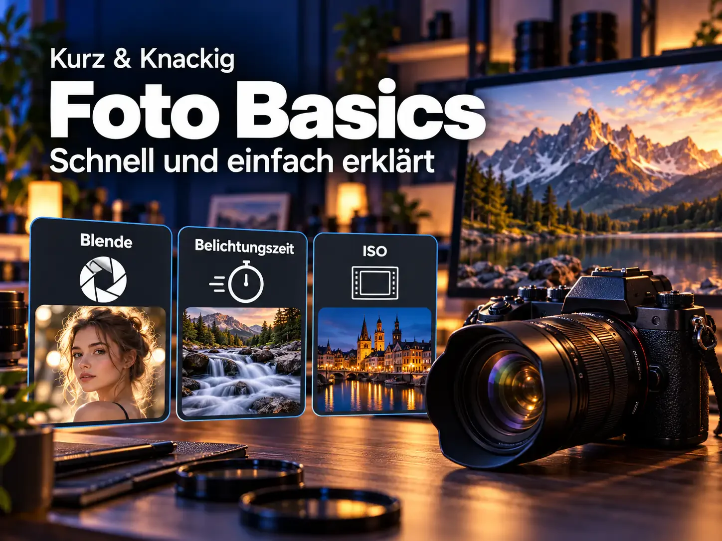 Werbebanner für Foto-Basics mit Kamera, Berglandschaft und Erklärungen zu Blende, Belichtungszeit und ISO