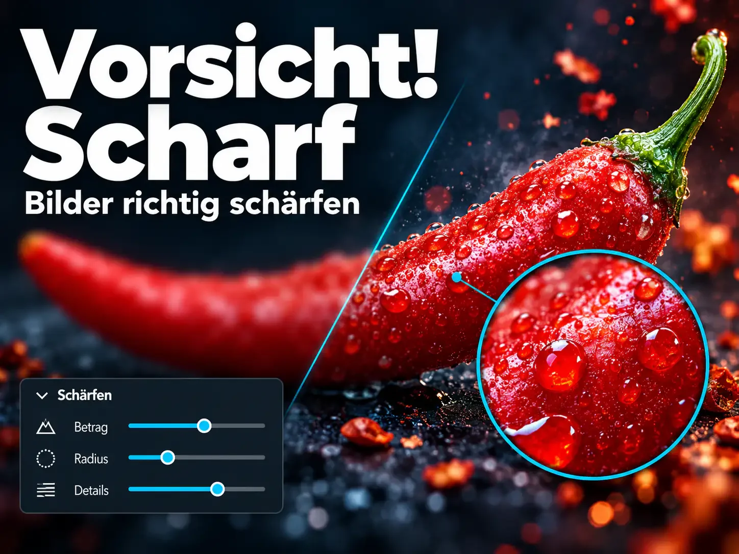 Rote Chilischote mit Wassertropfen, vergrößerte Detailansicht und Schärfen-Einstellungen; Text „Vorsicht! Scharf – Bilder richtig schärfen“