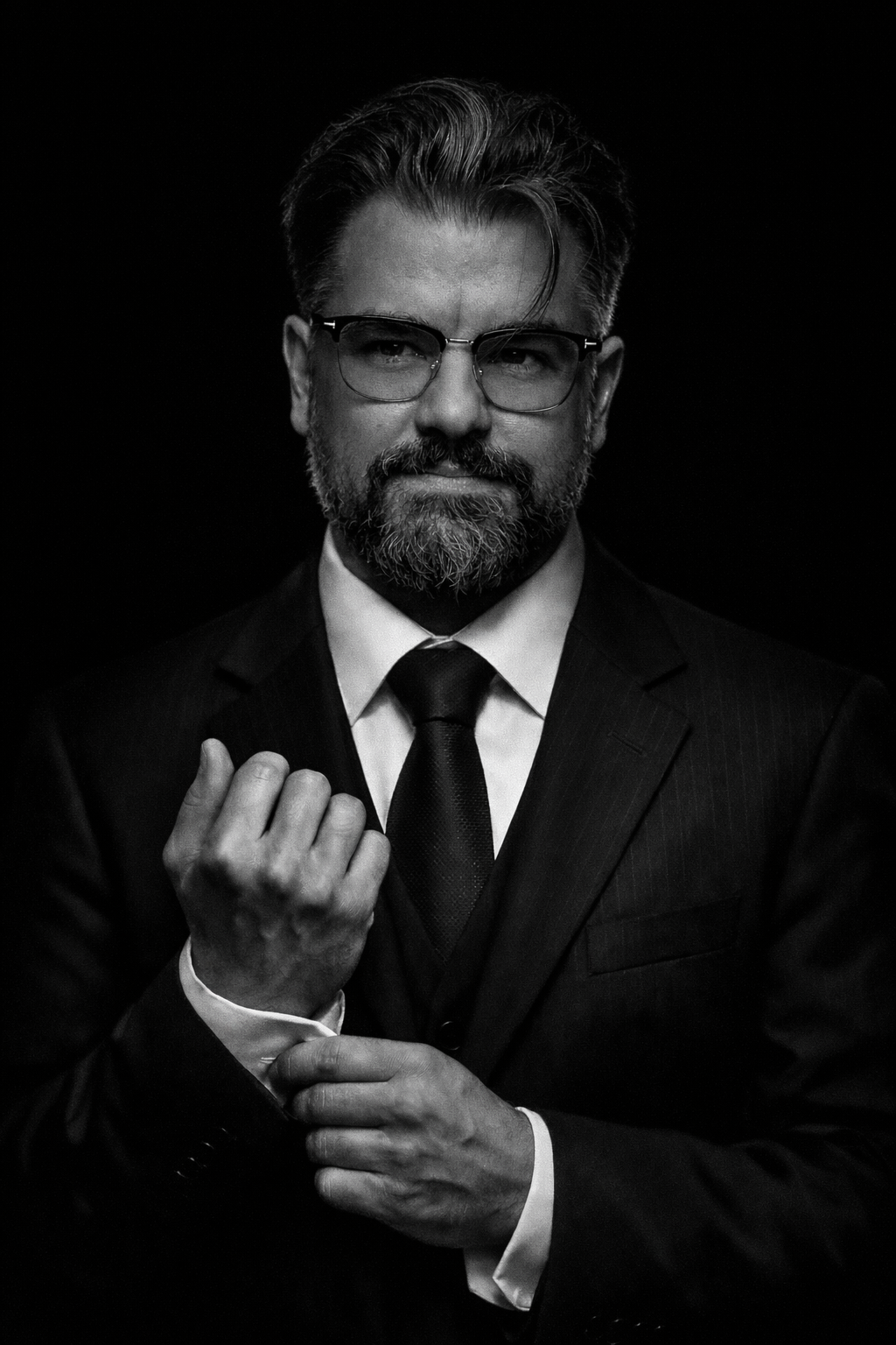Schwarz-weiß Portrait eines Mannes im Anzug mit Brille, grauem Bart und kinnlangem Haar, der eine selbstbewusste Haltung zeigt.