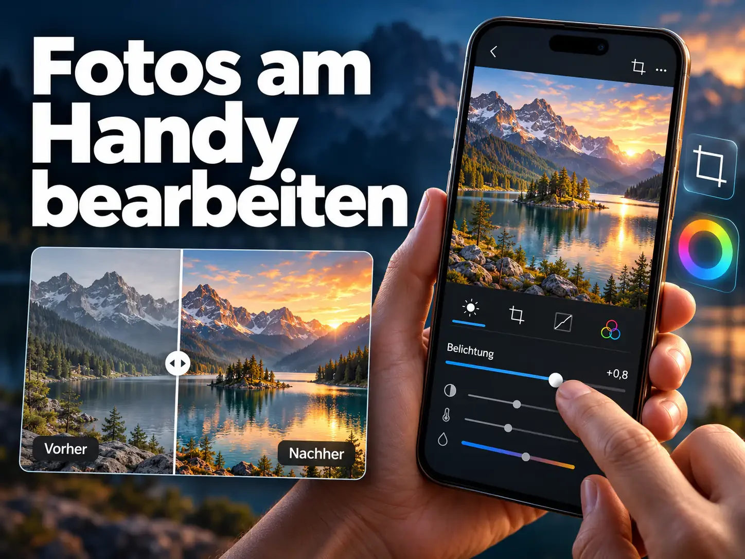 Smartphone mit bearbeitetem Bergsee-Foto, Belichtungsreglern und Vorher-Nachher-Vergleich