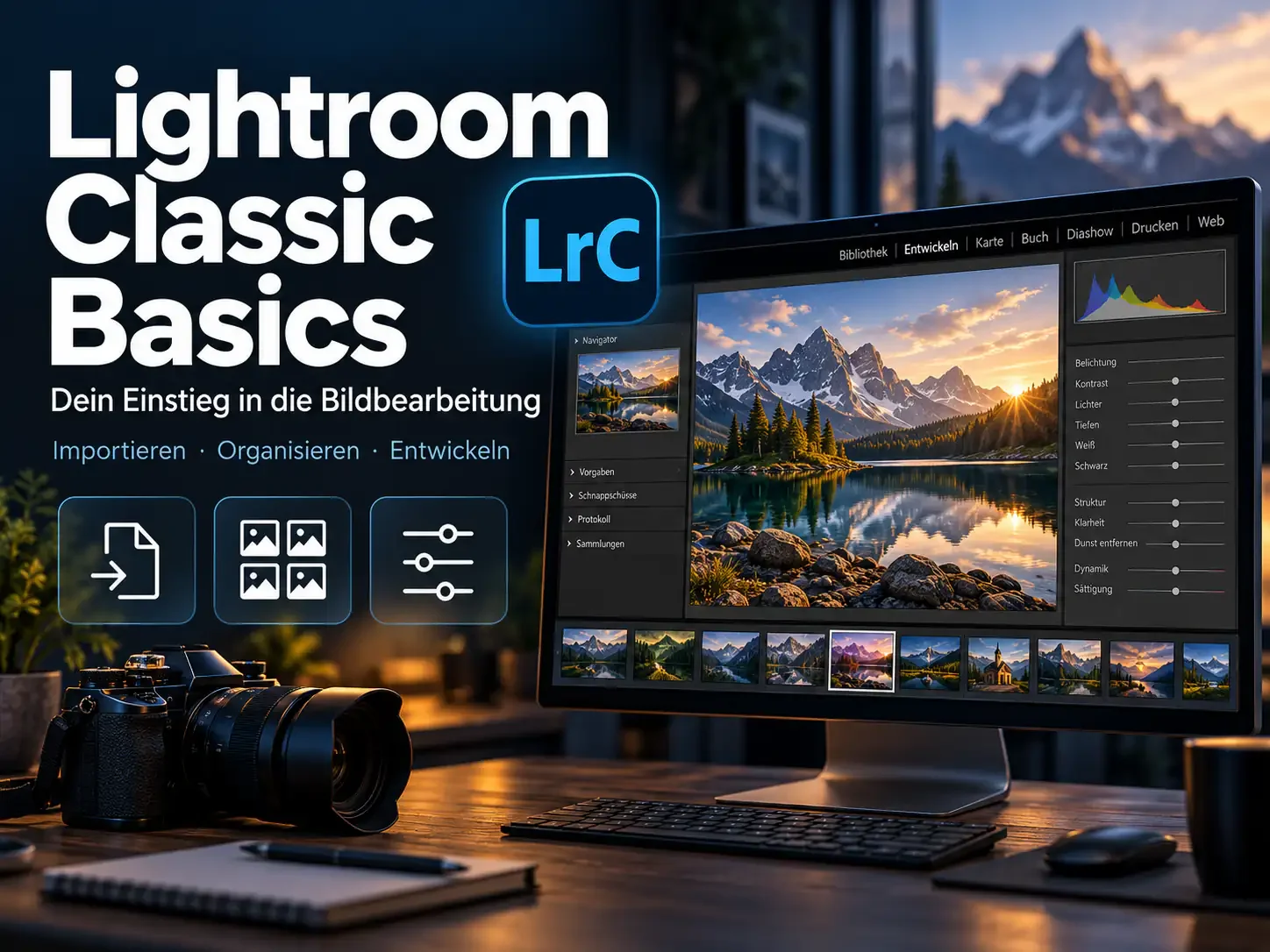 Werbegrafik für „Lightroom Classic Basics“ mit Kamera, Monitor und Landschaftsfoto in Adobe Lightroom Classic