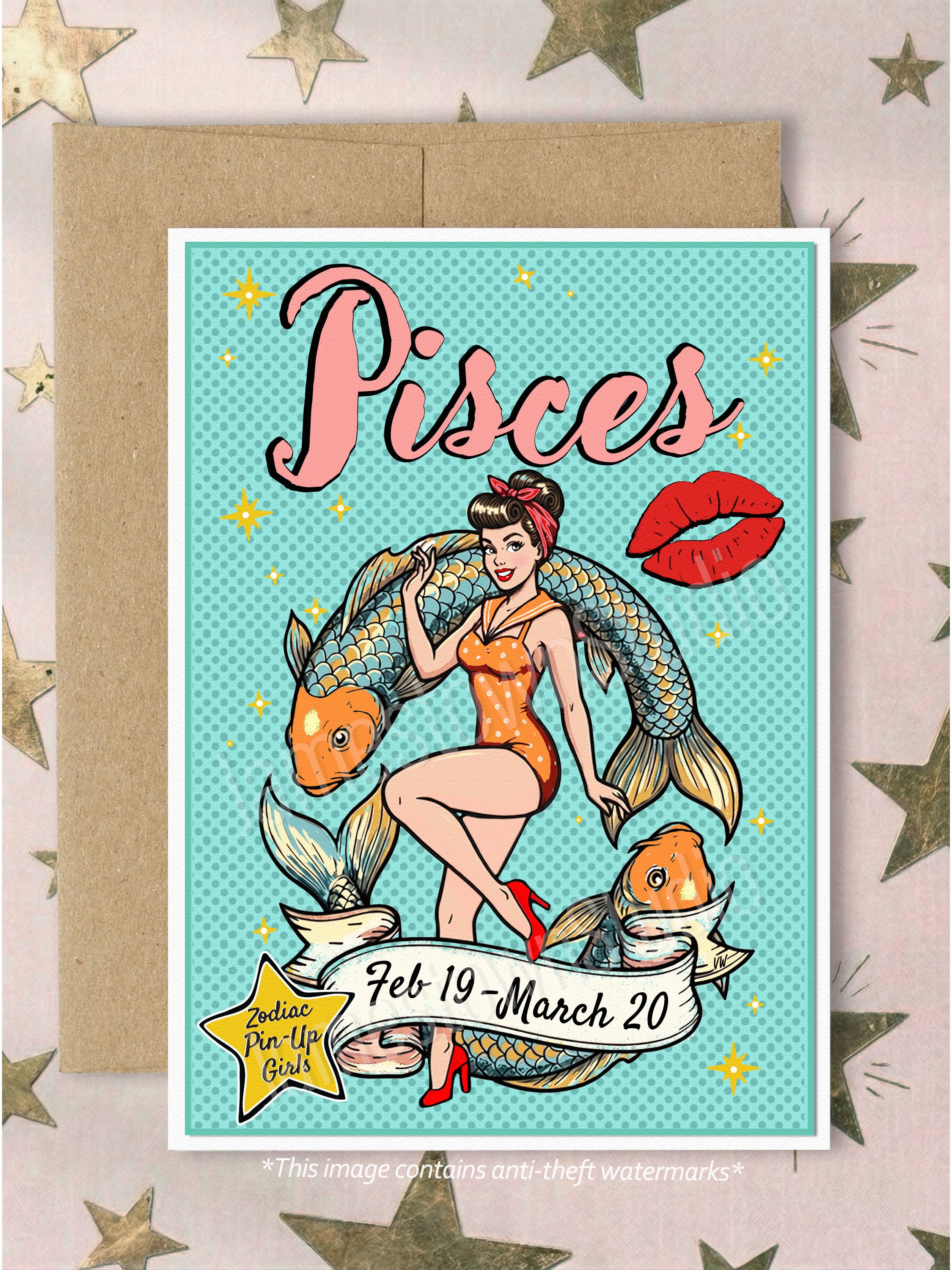 Pisces Birthday card. Retro Pin Up