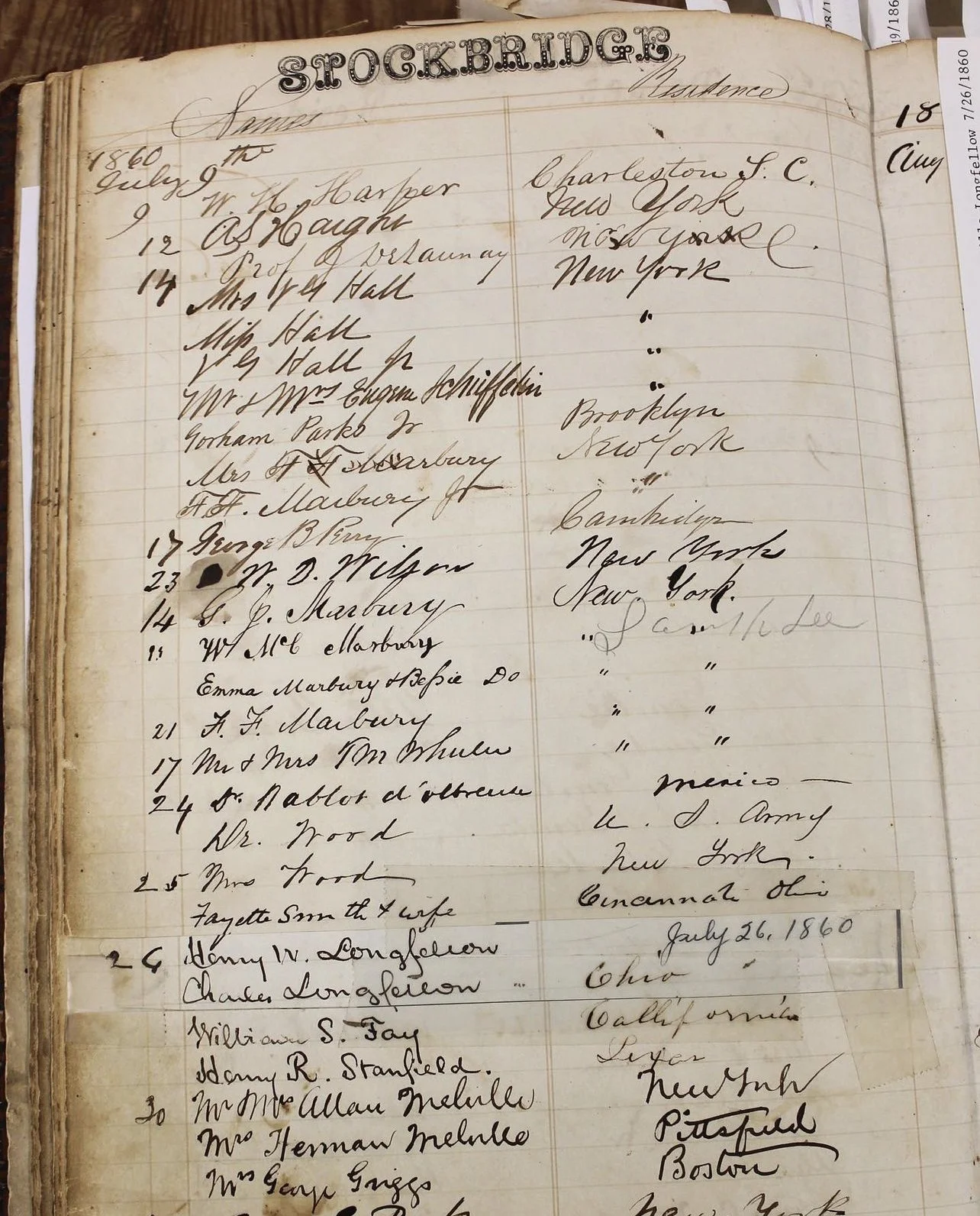 Old handwritten ledger page from 1860 listing names and locations, with the title 'Stockbridge' at the top.