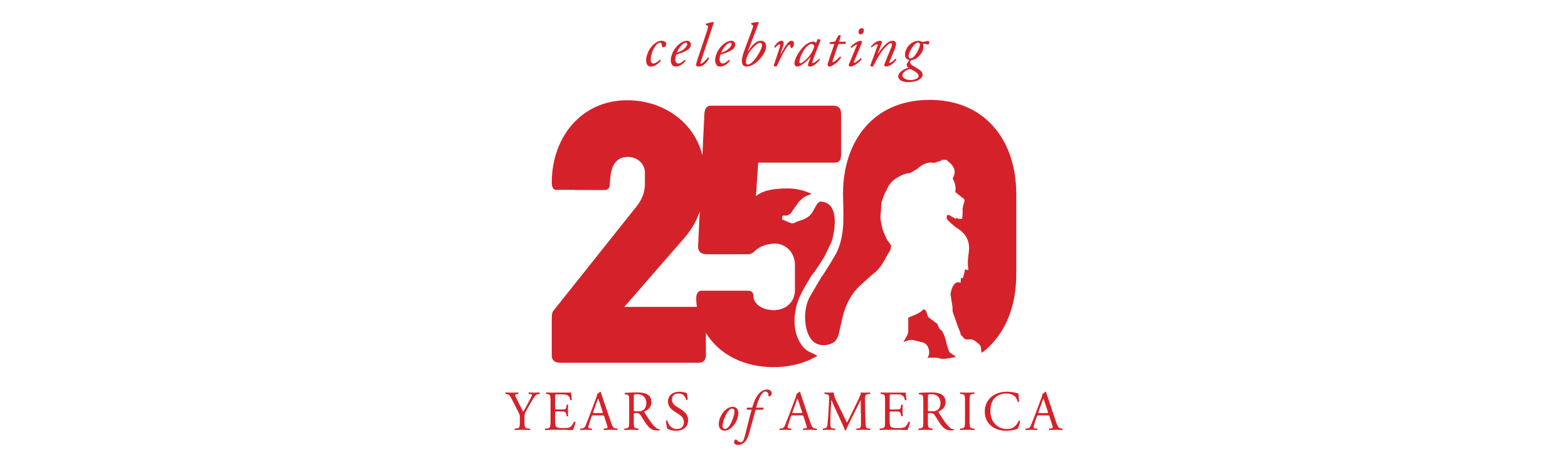 A logo with the text 'celebrating 250 years of America,' featuring a large red number 250 with a silhouette of the United States map inside the number 0.