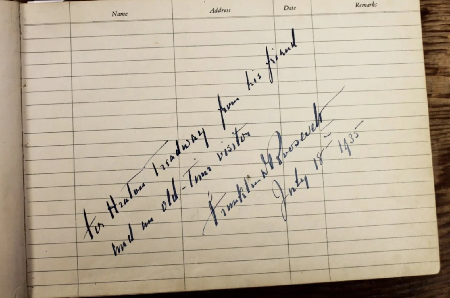 A handwritten note on a lined paper that reads, 'To Hazel, how I was drawn for his final and an old-time visitor, to the old wood edge, July 18th, 1935.'