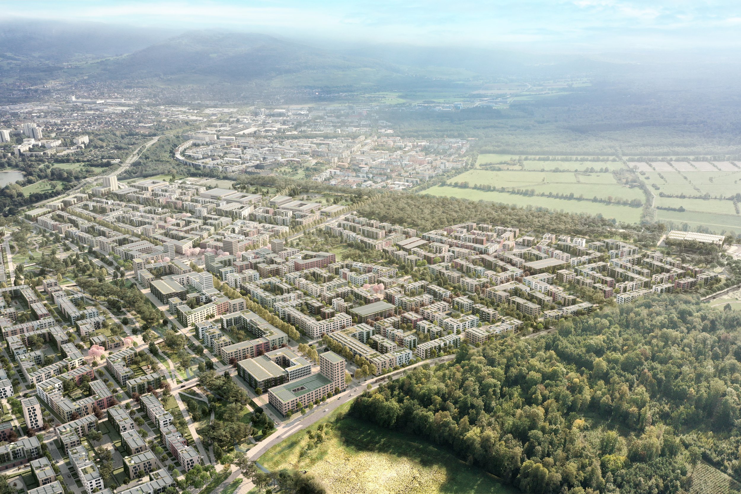 Städtebauvisualisierung - Neuer Stadtteil Dietenbach - Vogelperspektive- Stadt Freiburg