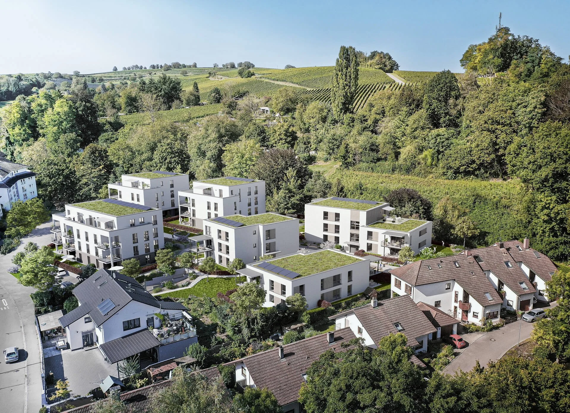 Drohnenflug - Architekturvisualisierung Wohnprojekt Auggener Weg Müllheim