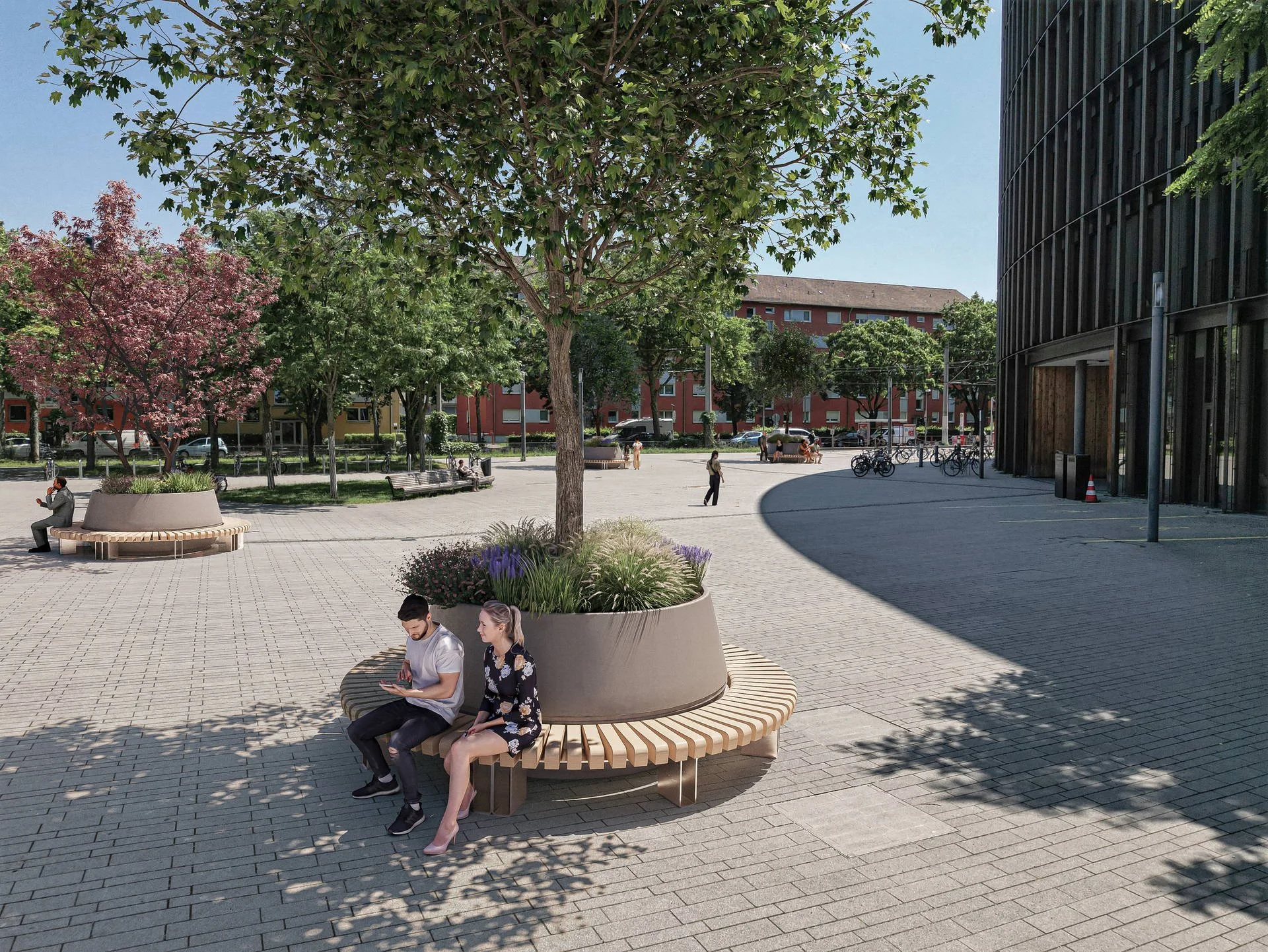 Visualisierung Klimaanpassung Hitzeresilienz urbane Überhitzung mobile Stadtbegrünung Freiburg LINK3D Platz am Rathaus im Stühlinger