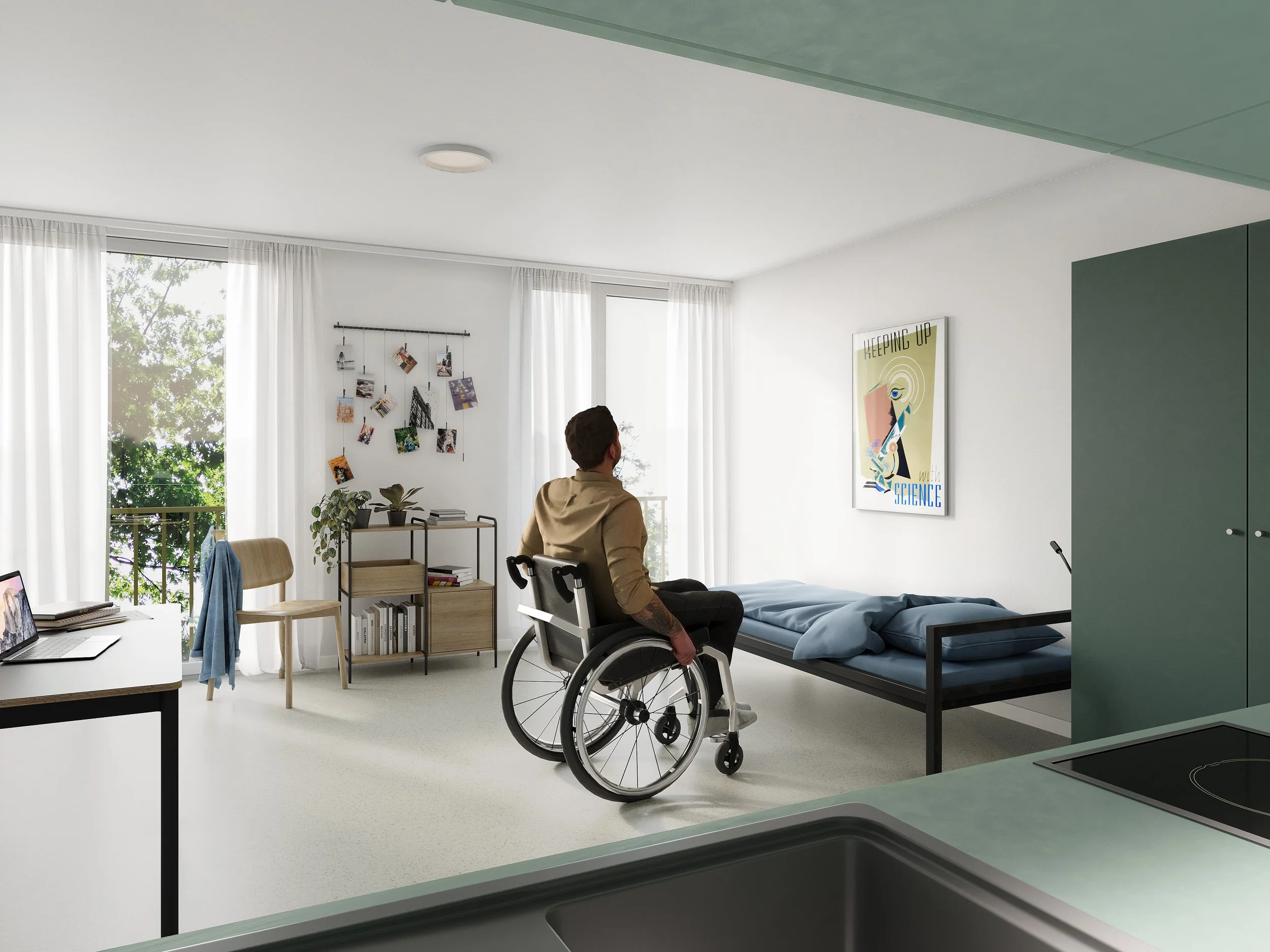 Bei dem Bild handelt es sich um eine Visualisierung eines barrierefreien Appartments  des Azubiwohnheims in Freiburg im Breisgau.