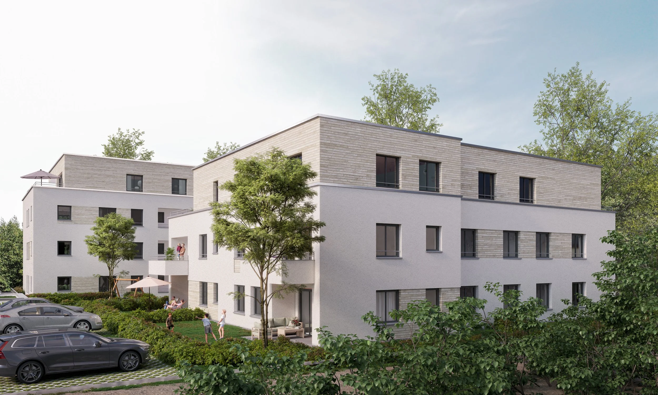Das Bild zeigt die Visualisierung eines modernen Mehrfamilienhauses, die Architektur wirkt modern mit klaren Linien und hellen Fassaden. Parkplätze vor dem Haus.