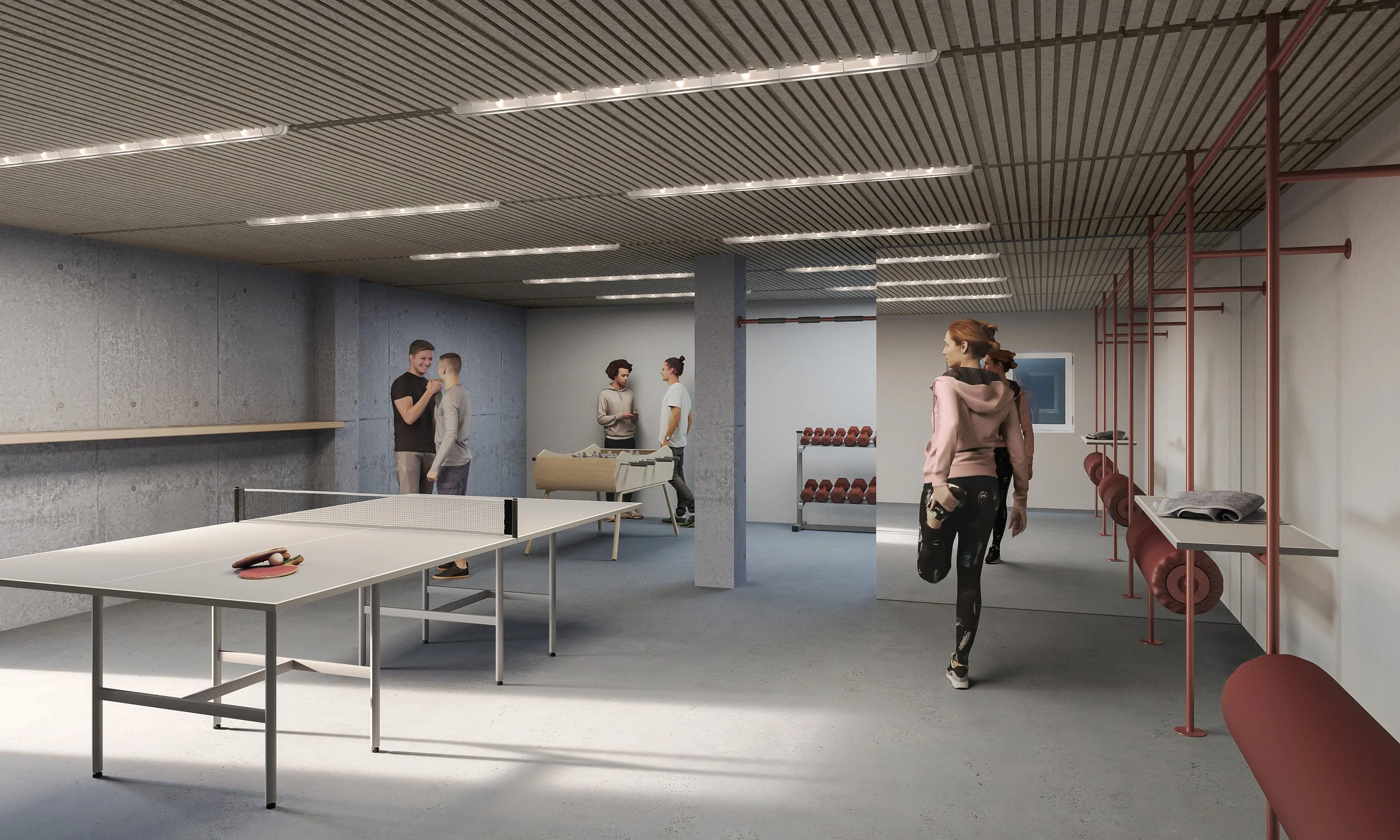 Bei dem Bild handelt es sich um eine Visualisierung des Sportraumes des Azubiwohnheims in Freiburg im Breisgau.