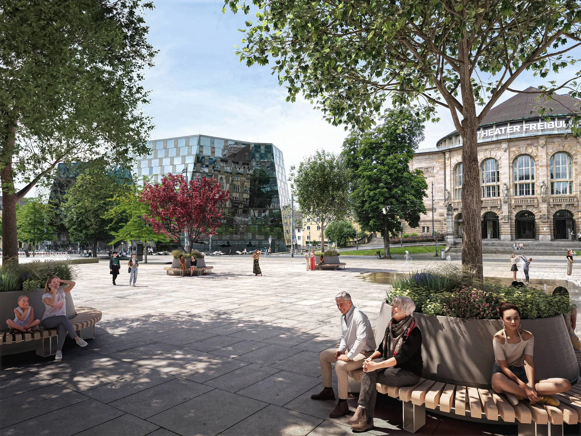 Visualisierung Klimaanpassung Hitzeresilienz urbane Überhitzung mobile Stadtbegrünung Freiburg LINK3D Platz der alten Synagoge