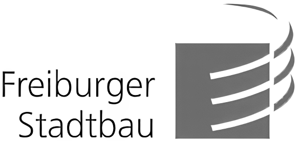Logo des Freiburger Stadtbaus mit schwarzem Hintergrund und weißen und grauen Elementen.