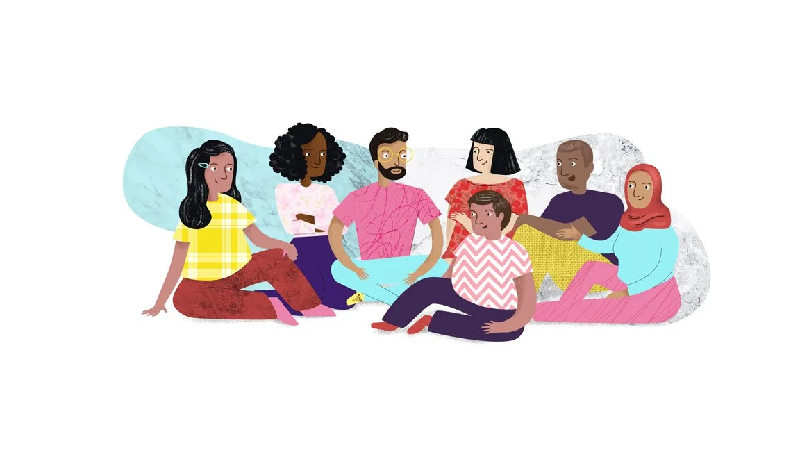Illustration of seven diverse people sitting on the floor, engaging in conversation, with a blue and gray abstract background.