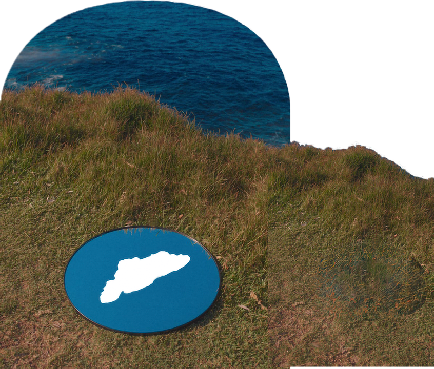 A patch of grass with a circular sign showing a white outline of a lake on a blue background, near a body of water.