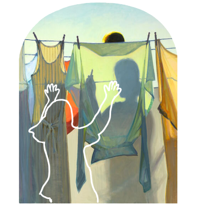 A colorful painting of laundry hanging on clotheslines at sunset, with a child's silhouette and outline reaching up toward the clothes.