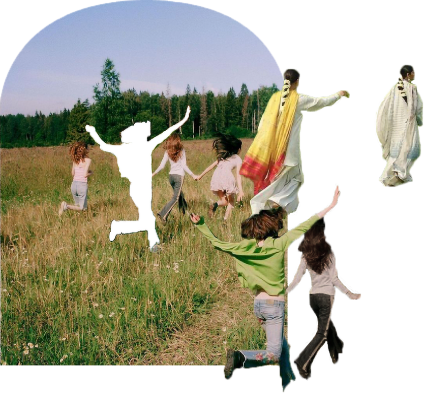 A digitally edited photo of children holding hands in a field, with some figures appearing as cutouts or silhouettes, and two women wearing traditional Indian sarees walking through the scene.