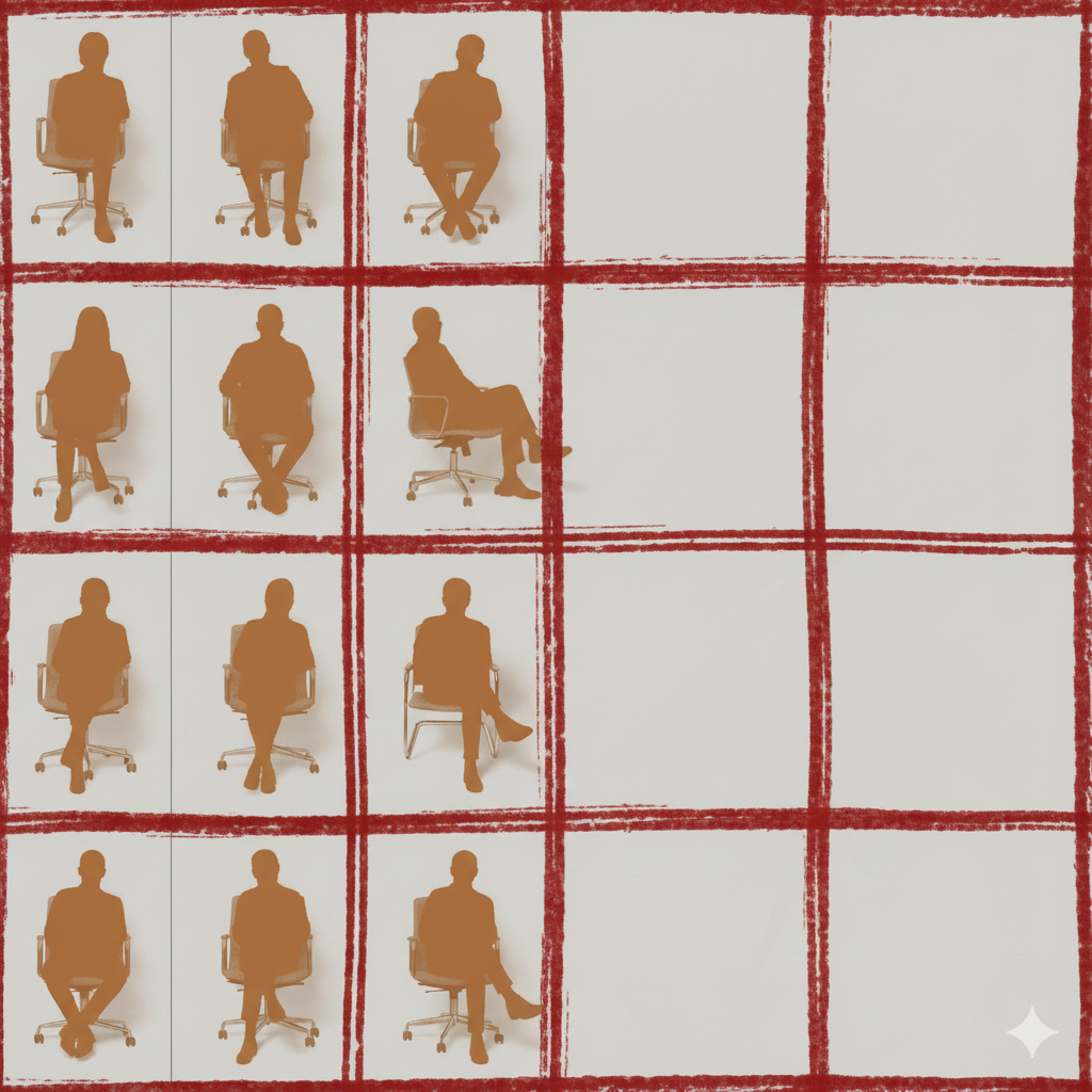 A high-angle view of a grid pattern rendered in a sepia tone. The grid is half-filled with cells containing distinct, realistic chairs. Sitting on the chairs are slightly blurred, diverse silhouettes in burnt orange. The other half of the grid is lef