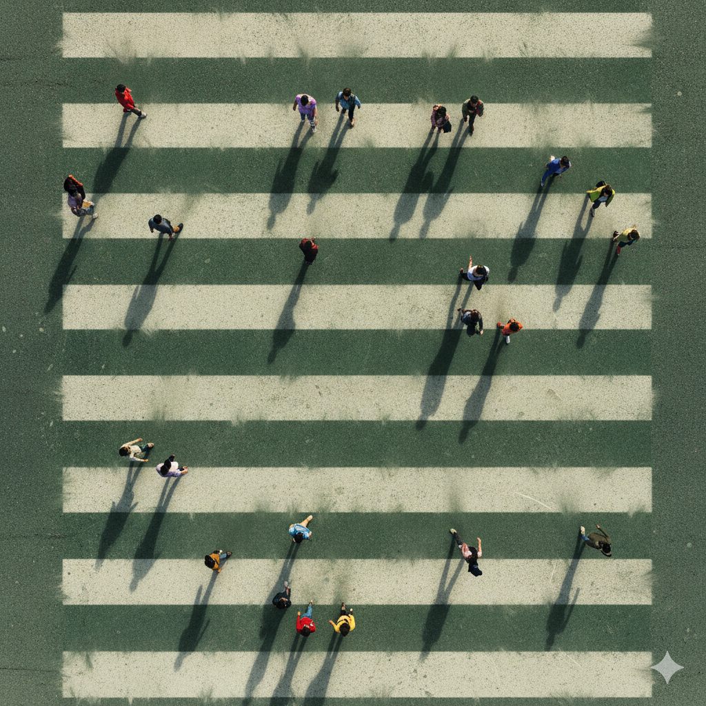 An aerial, top-down view of numerous small, colorful figures walking across a diffused green and off-white zebra crossing. Each figure casts a soft, dark, diffused shadow, with the overall lighting suggesting a hazy or overcast day.