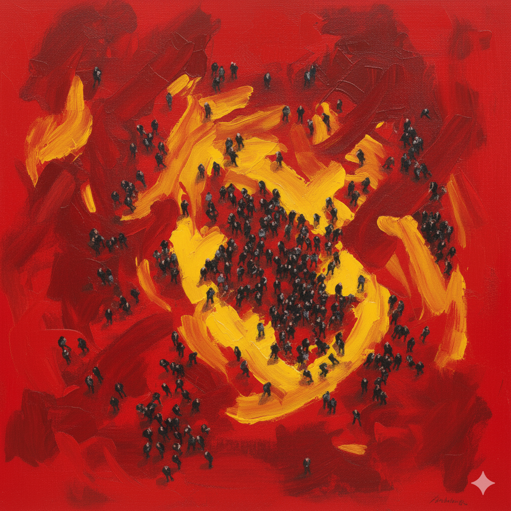 A dramatic, aerial view of a densely packed crowd of dark, silhouetted figures scattered across a boldly colored background. The background is dominated by a vibrant red hue, which is aggressively contrasted with bright yellow gestural washes