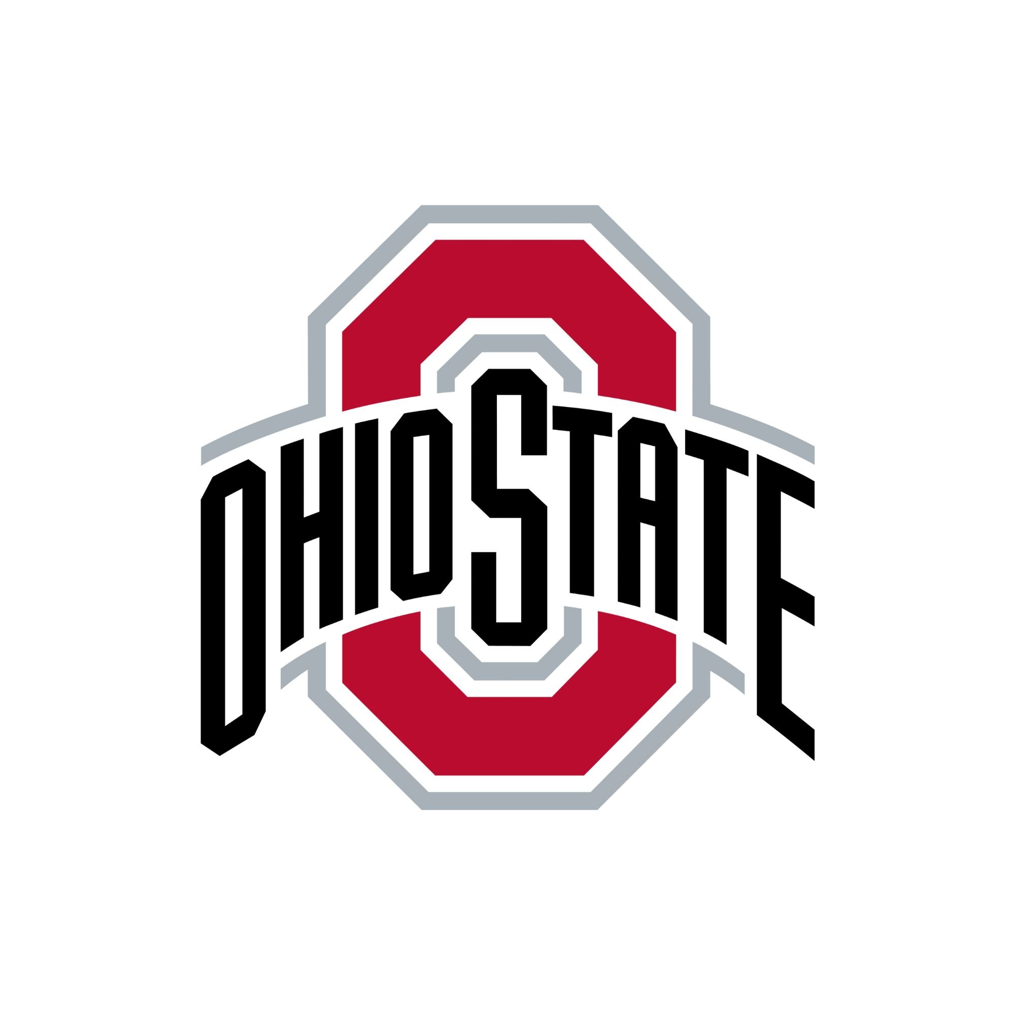 Ohio State logo with a red block O background and black text